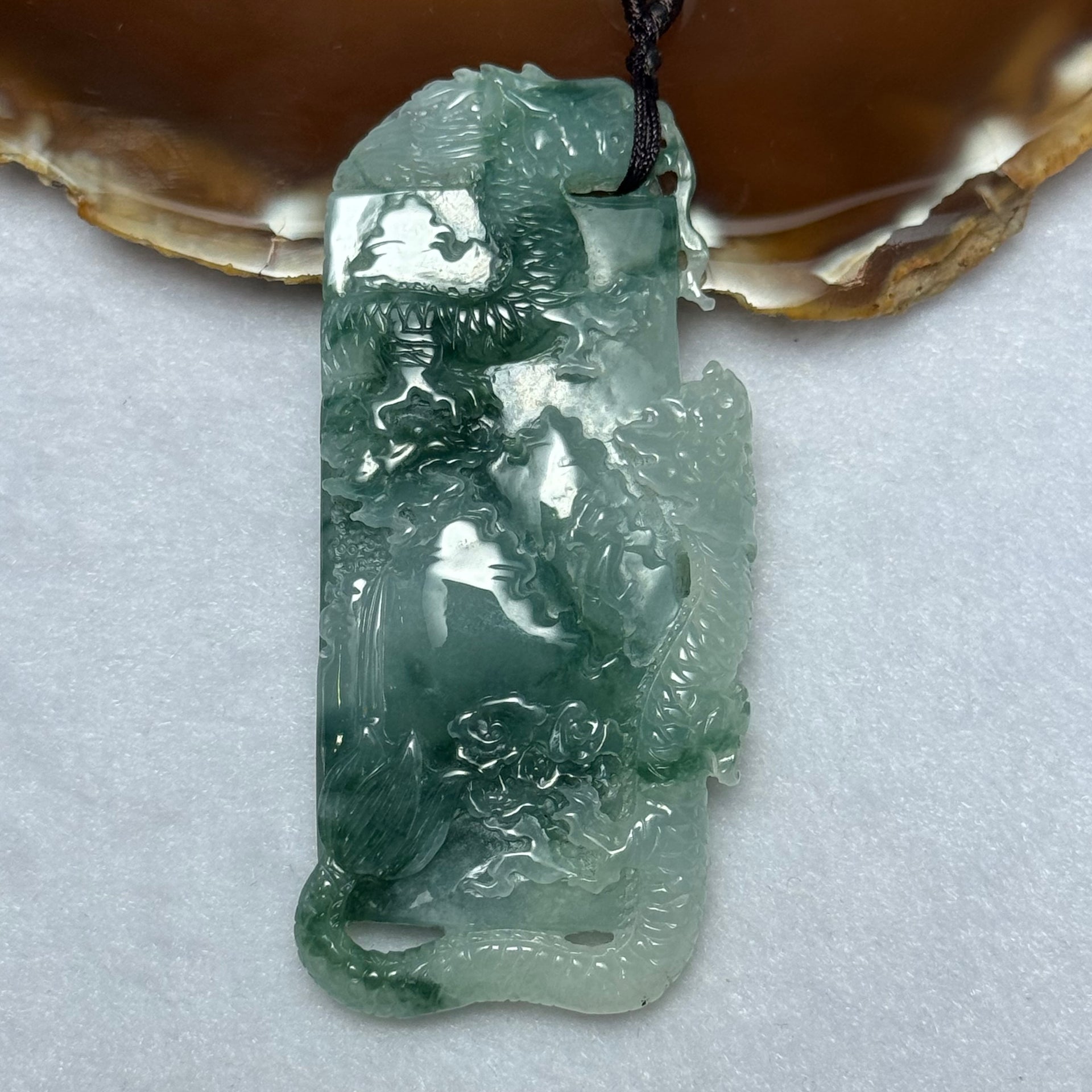 Grandmaster Certified Type A ICY Light Green Lavender and Blueish Green Piao Hua Jadeite Dragon Shan Shui Pendent 55.70g 75.6 by 34.8 by 10.8mm - Huangs Jadeite and Jewelry Pte Ltd
