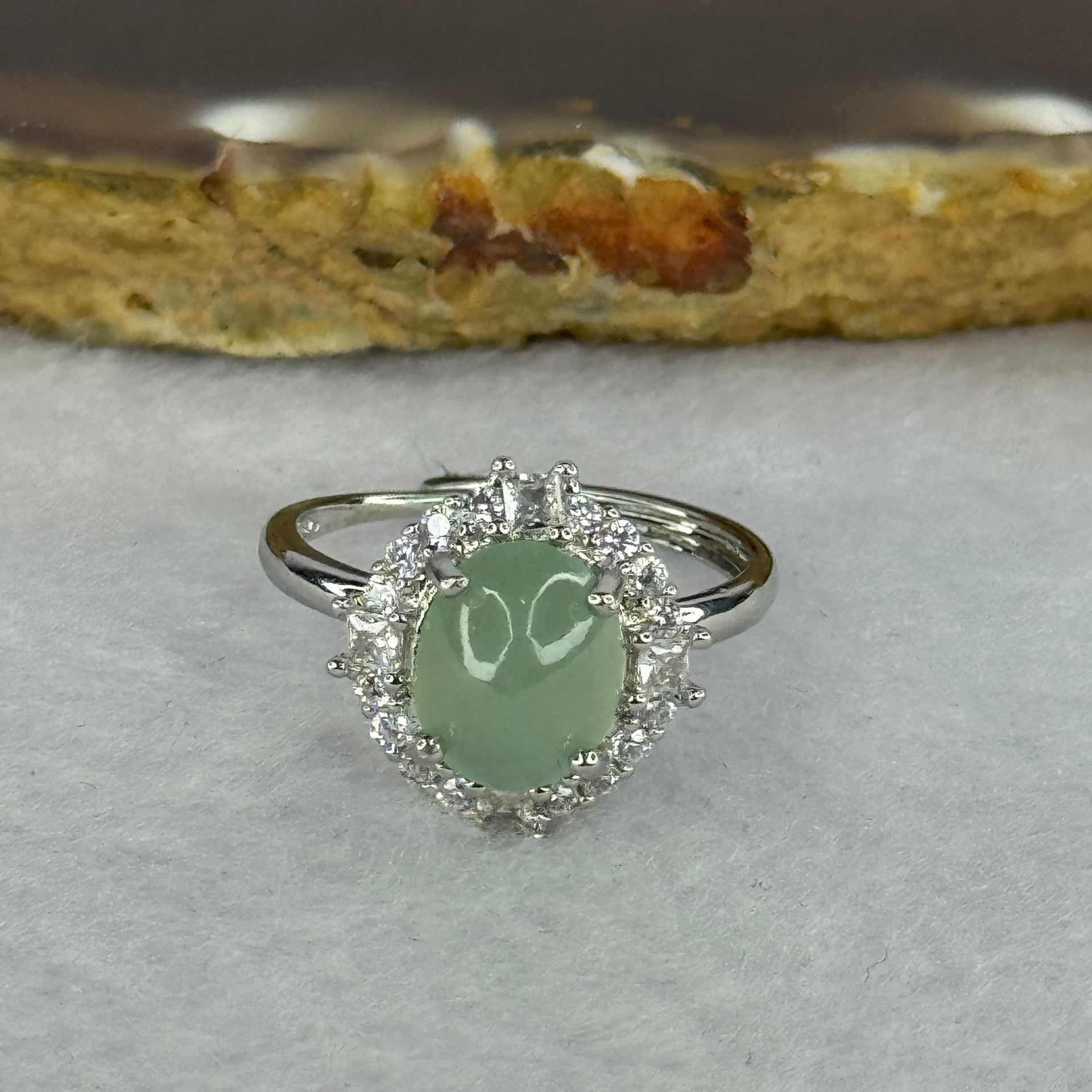 Type A Semi Icy Light Green Jadeite with Crystals in S925 Sliver Ring (Adjustable Size) 2.59g 9.2 by 7.5 by 5.0mm - Huangs Jadeite and Jewelry Pte Ltd