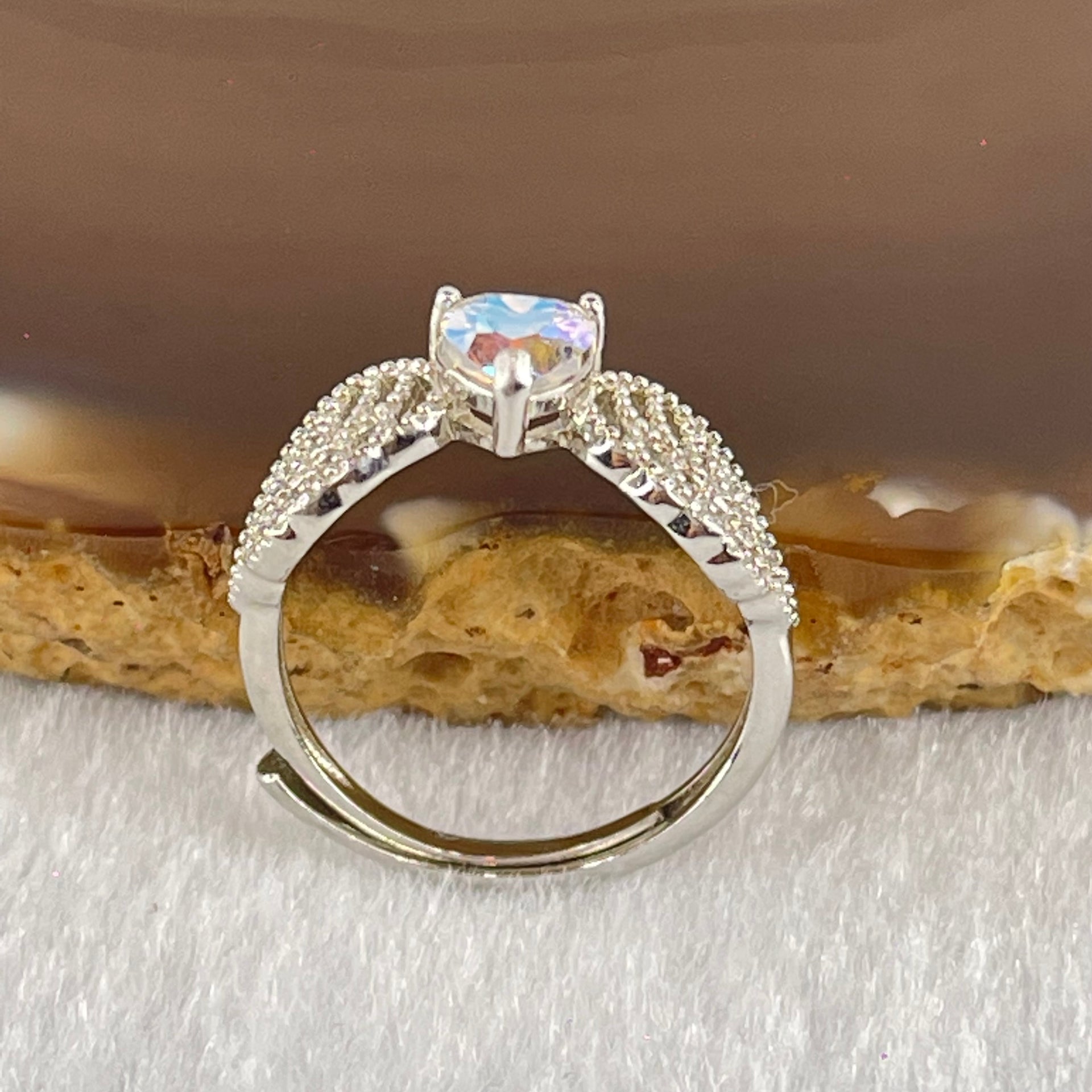 Rainbow Cubic Zirconia with Crystals In S925 Sliver Ring (Adjustable Size) 1.63g 5.2 by 5.5 by 3.2mm - Huangs Jadeite and Jewelry Pte Ltd