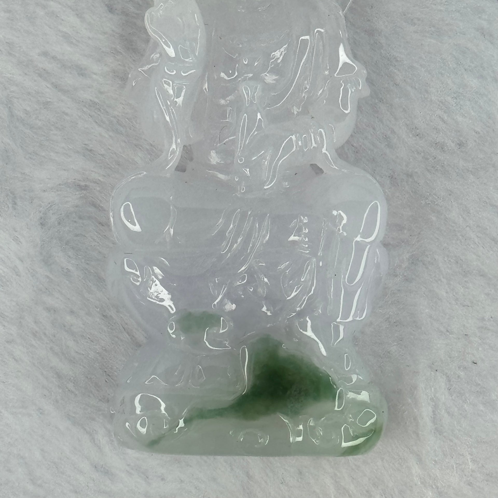 Type A Light Lavender with Green Patches Jadeite Guan Yin Pendent with Wooden Stand 111.55g  111.8 by 58.7 by 46.6mm - Huangs Jadeite and Jewelry Pte Ltd