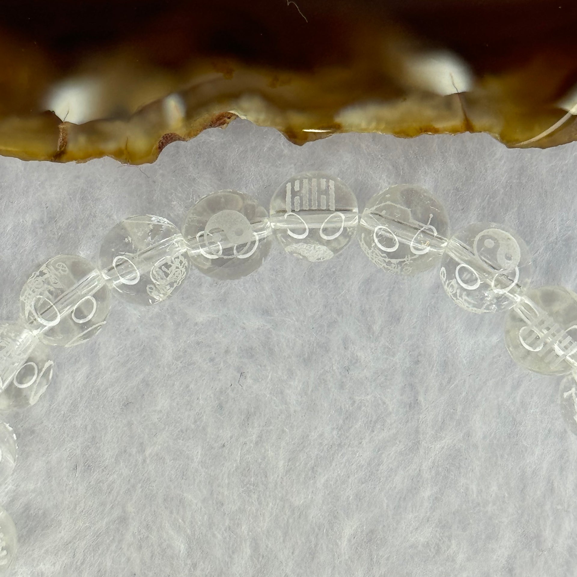 Natural Clear Quartz Beads with Inscription Bracelet 17.94g 15.5cm 8.4mm 23 Beads - Huangs Jadeite and Jewelry Pte Ltd