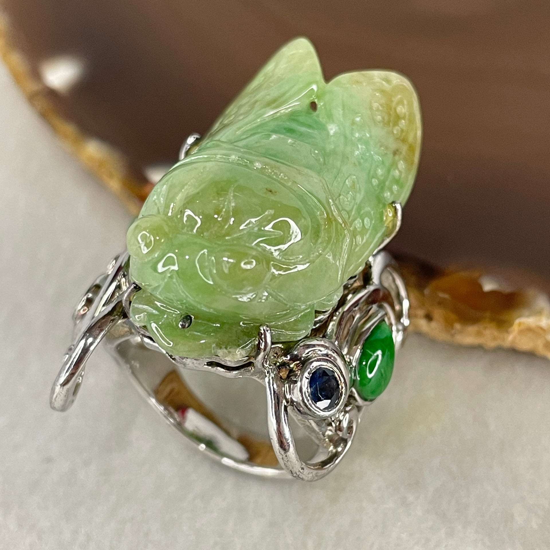 Antique Natural Type A Light Green with Brownish Piaohua Jadeite Insect with S925 Sliver and Gem Stones Ring 23.79g 33.4 by 11.6 by 13.0mm US 8.7 HK 19.5 - Huangs Jadeite and Jewelry Pte Ltd