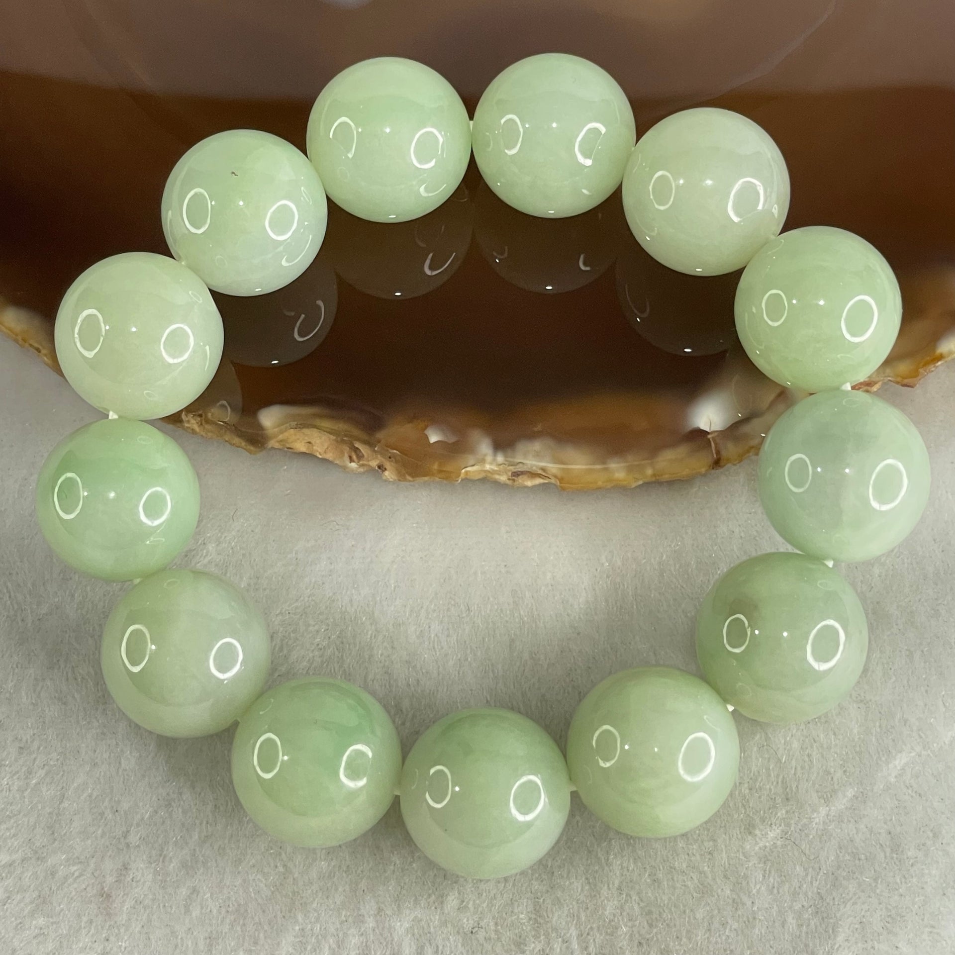 Type A Light Green Jadeite Beads Bracelet 88.62g 15.5cm 15.8mm 13 Beads (Slight Internal Lines) - Huangs Jadeite and Jewelry Pte Ltd