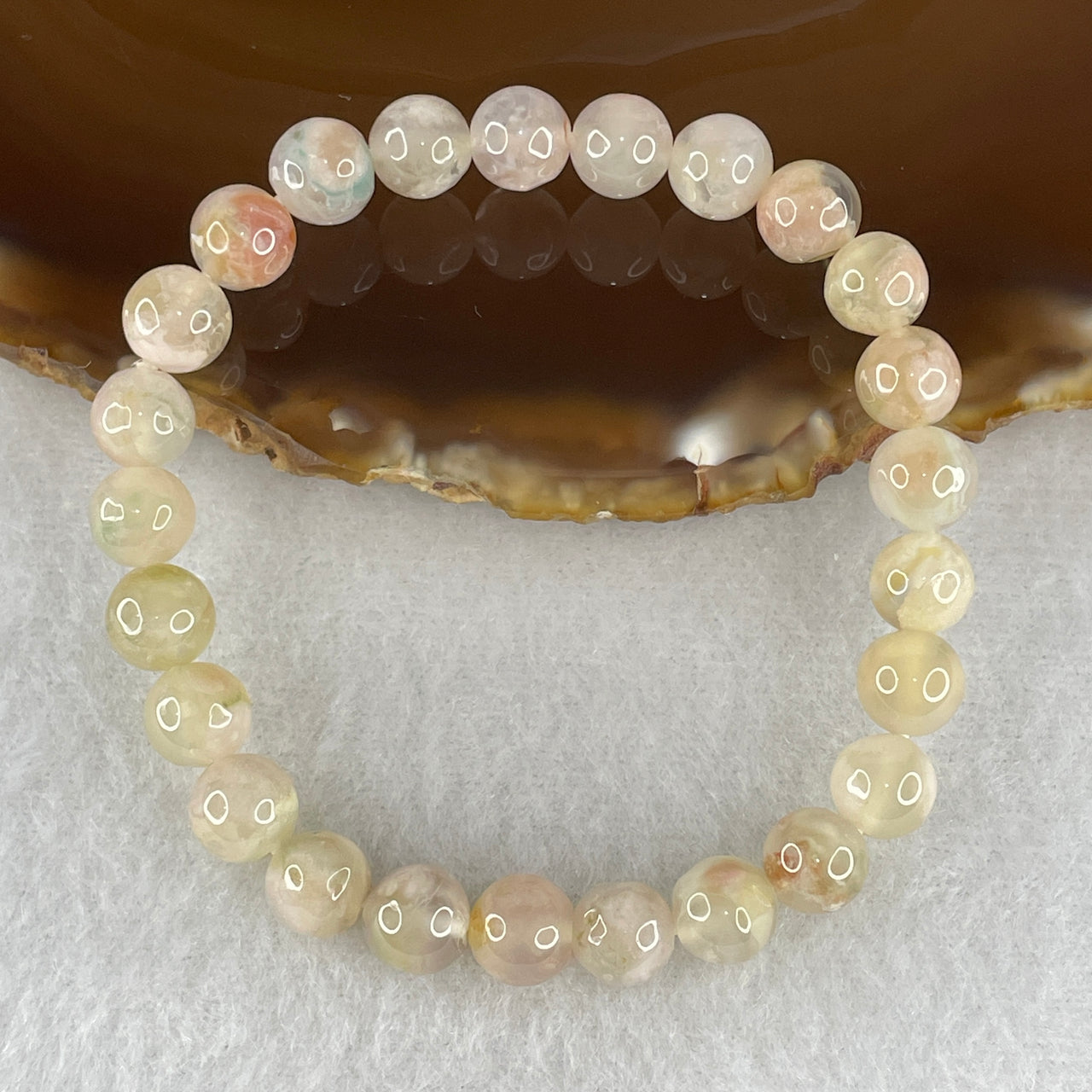 Natural Faint Yellow & Pink Flower Agate Bead Bracelet | Untreated Cherry Blossom Agate Stretch Bracelet (14.25g | 15.5cm Wrist | 7.7mm | 25 Beads)