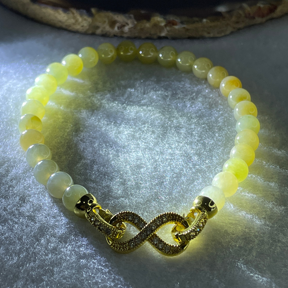 Natural Type A Semi Icy Yellowish Jadeite Beads Bracelet | (17.72g | 19.5cm | 6.8mm x 28 Beads | Solar Plexus & Root Chakra Synergy, "Huang Fei" Abundance Catalyst & Feng Shui Wealth Anchor) - Huangs Jadeite and Jewelry Pte Ltd