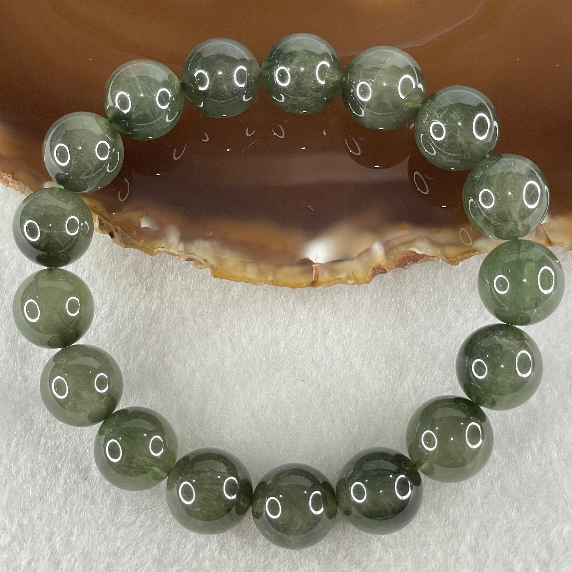 Good Grade Natural Cats Eye Green Rutilated Quartz Beads Bracelet 45.55g 18.5cm 12.7mm 17 Beads - Huangs Jadeite and Jewelry Pte Ltd