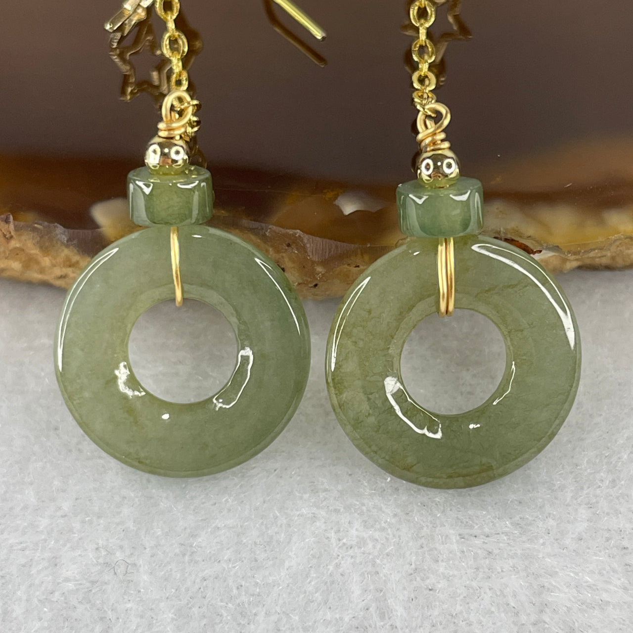 Natural Type A Green & Yellowish Jadeite Donut Dangling Earrings | 14K Gold-Filled Luxury Setting | Authentic Myanmar Feicui Geometric Harmony Drops (3.94g | 16.7x2.9mm)