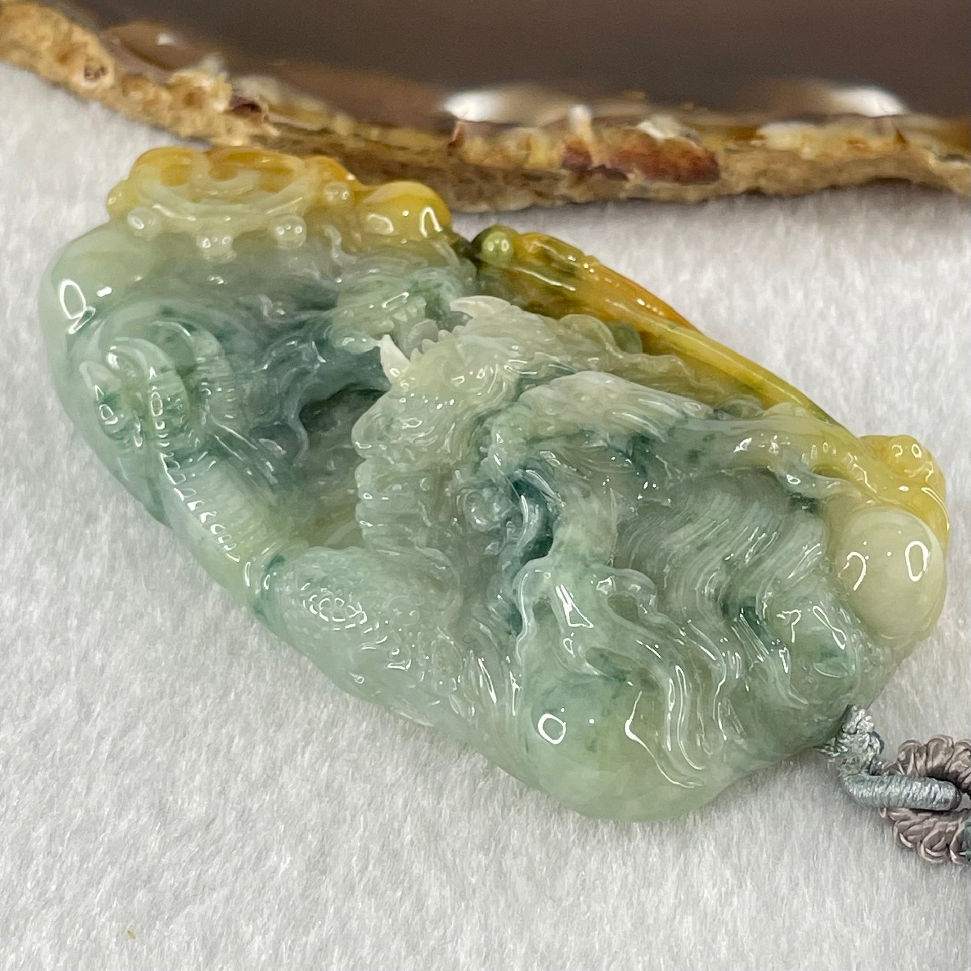 Type A Blueish Green and Yellow with Dark Blueish Green Piao Hua Jadeite Double Sided Dragon Pendant Necklace 89.28g 73.2 by 41.2 by 14.3mm - Huangs Jadeite and Jewelry Pte Ltd