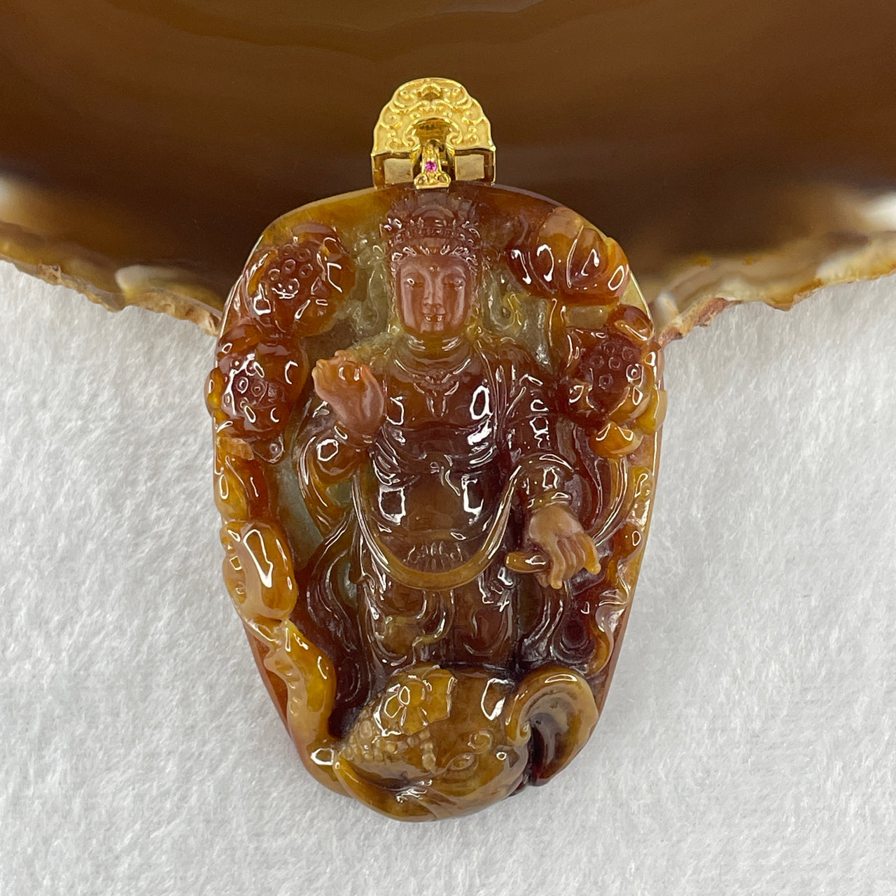 Natural Type A Red Brown Yellow awith Blueish Green Jadeite Samantabhadra Bodhisattva Guan Yin on Elephant in 18K Yellow Gold Pendant 43.82g 58.5 by 42.1 by 11.3mm