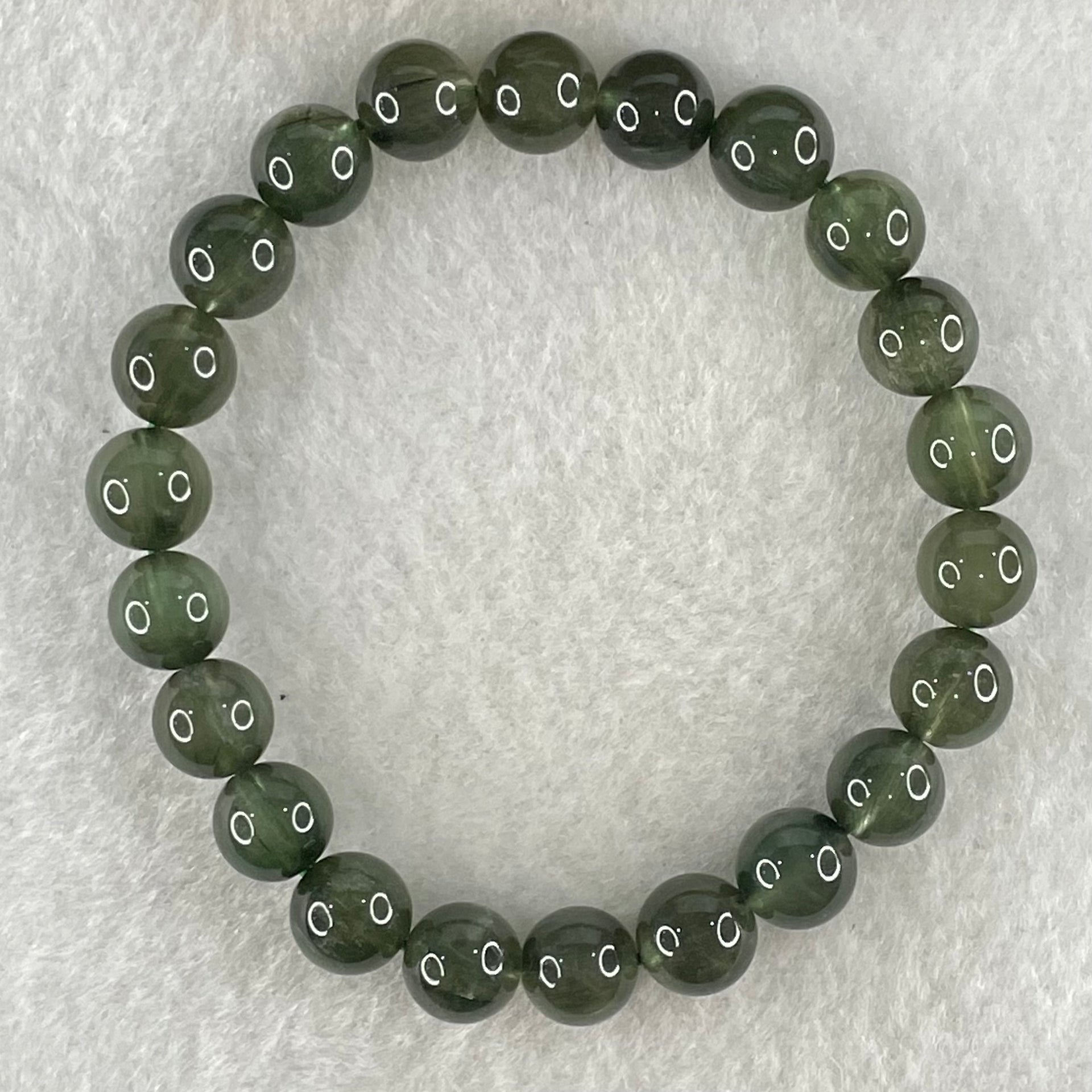 Good Grade Natural Green Cats Eye Rutilated Beads Bracelet 19.58g 15.5cm 8.8mm 22 Beads - Huangs Jadeite and Jewelry Pte Ltd