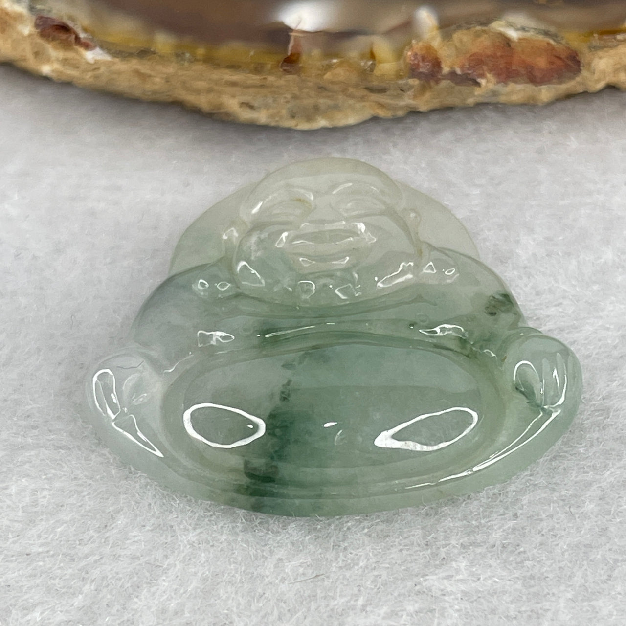 Natural Type A Semi Icy Faint Green with Green Piao Hua Jadeite Milo Laughing Buddha Pendant 10.80g 31.5 by 33.1 by 7.0mm