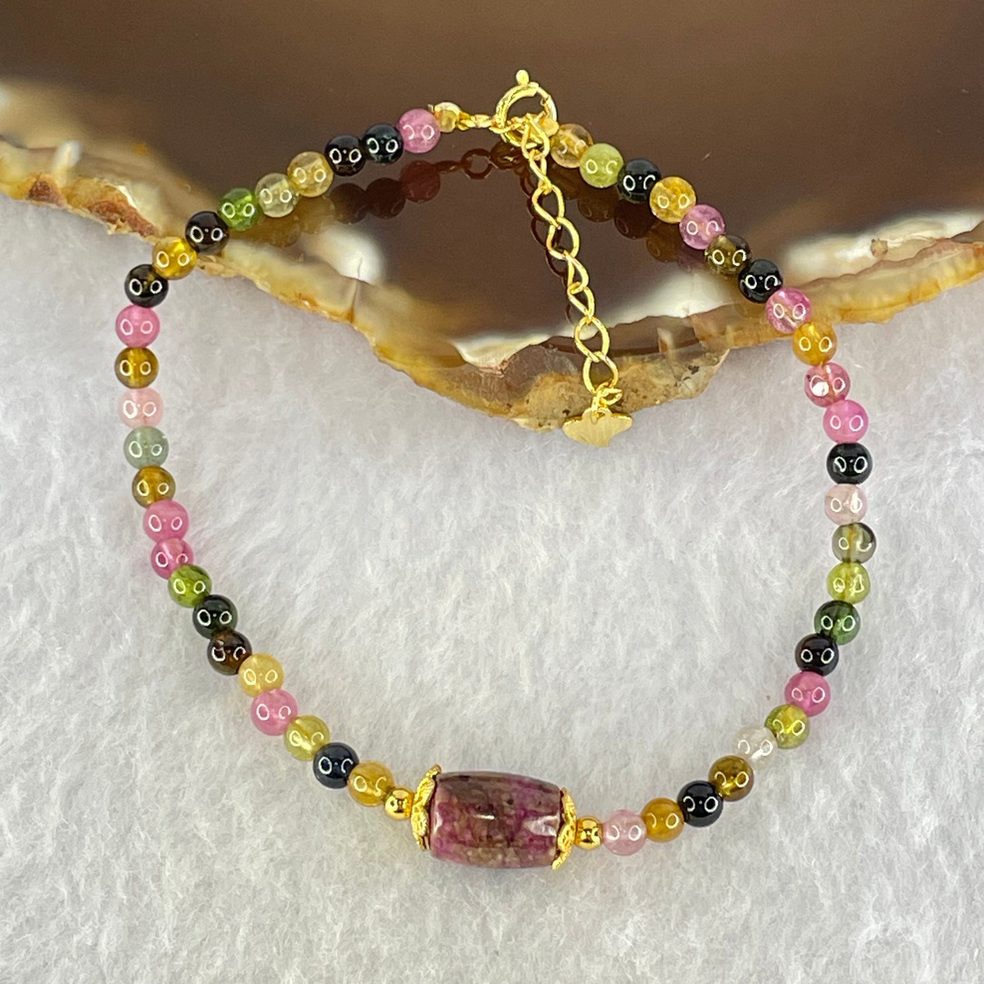 Natural Tourmaline Beads with Melon Charm in S925 Sliver Gold Color Bracelet 4.06g 16cm 9.4 by 6.9mm - Huangs Jadeite and Jewelry Pte Ltd