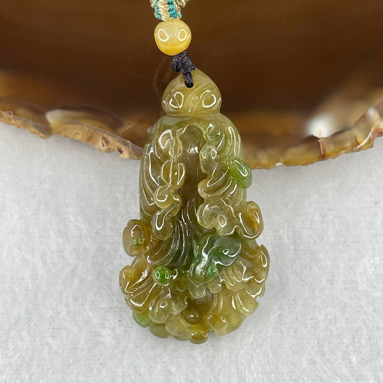 Certified Natural Type A Brownish & Spicy Green Piao Hua Jadeite Cabbage Pendant | Masterpiece Three-Dimensional Hand-Carving | Ultimate Myanmar Feicui Infinite Wealth Gathering Amulet (14.46g | 40.6x23.0x10.8mm)