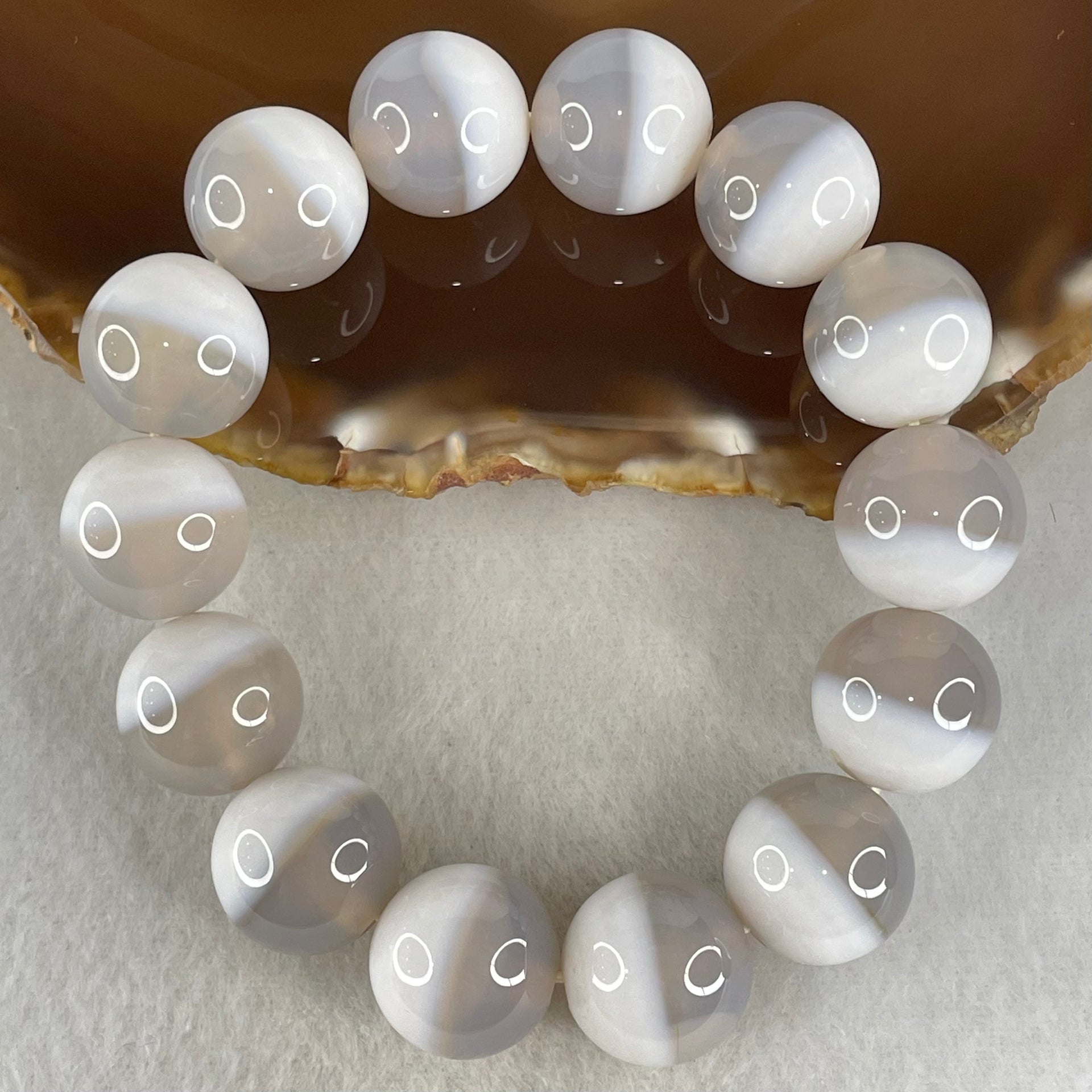 Special Grade Natural Half Grey Half White Agate Beads Bracelet 72.48g 17cm 15.8mm 14 Beads - Huangs Jadeite and Jewelry Pte Ltd