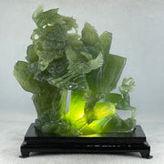 Natural Icy Dark Green Serpentine Double Reindeers with Twin Cranes on Shan Shui with Wooden Stand Display 1,804.8g 210.0 by 109.0 by 228.0mm - Huangs Jadeite and Jewelry Pte Ltd