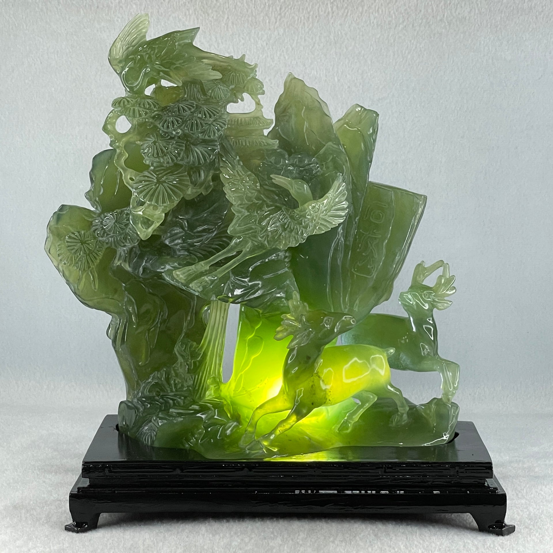 Natural Icy Dark Green Serpentine Double Reindeers with Twin Cranes on Shan Shui with Wooden Stand Display 1,804.8g 210.0 by 109.0 by 228.0mm - Huangs Jadeite and Jewelry Pte Ltd