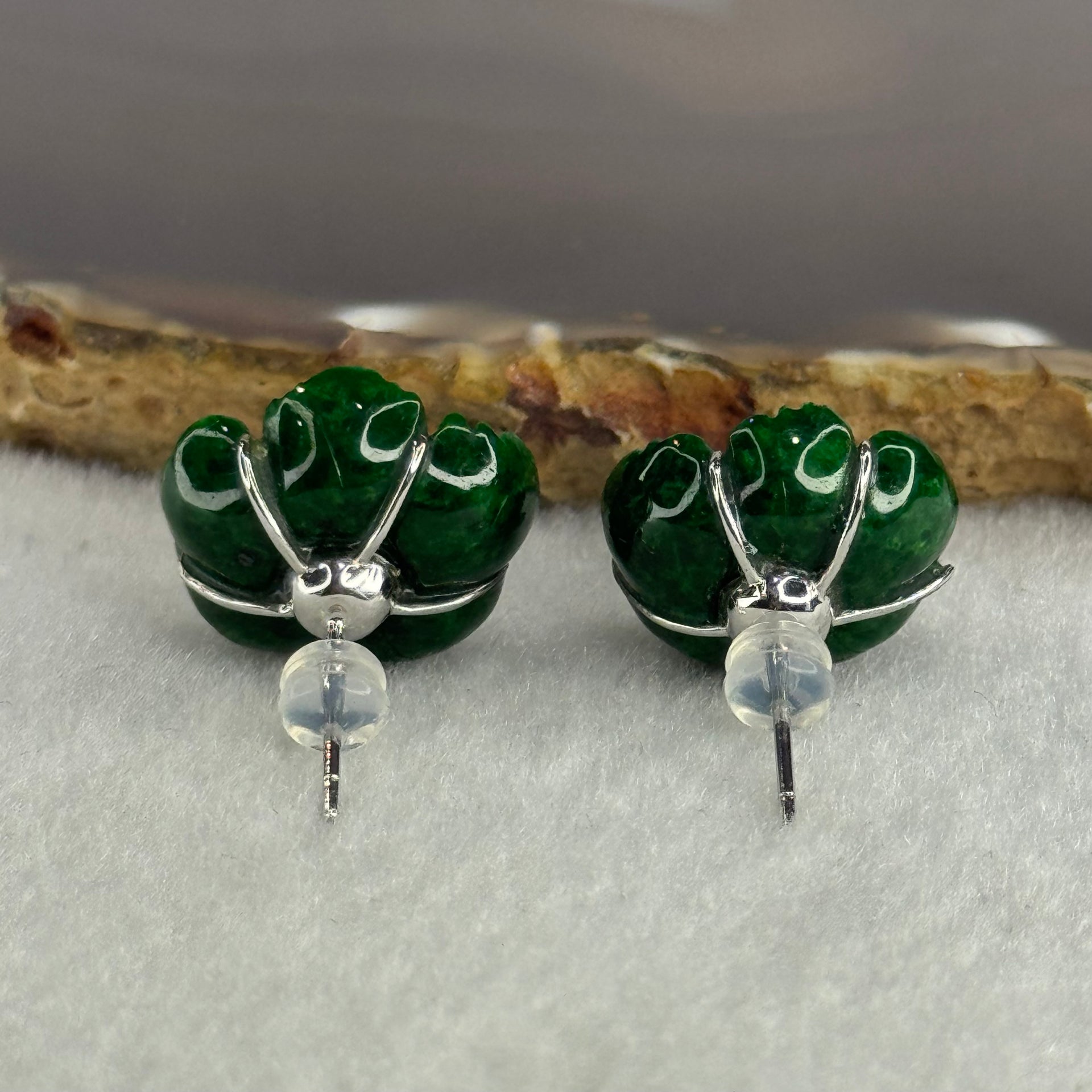 Type A Full Green Old Mine Jade Jadeite Rose 18k White Gold Earrings 6.6g 17.5 by 16.1 by 7.9mm - Huangs Jadeite and Jewelry Pte Ltd