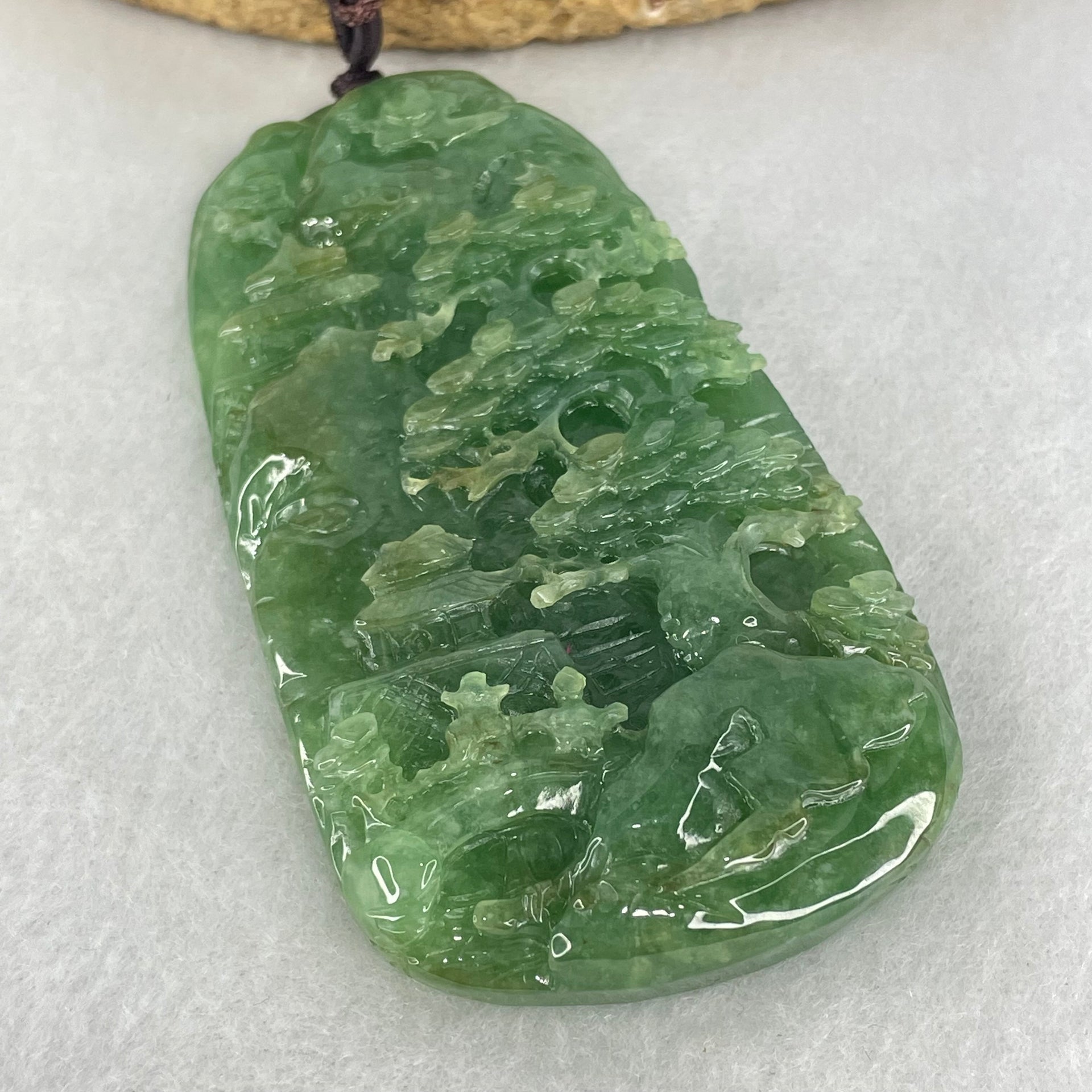 Type A Green Jadeite Double Sided Shan Shui with Double Gui Ren Benefactor Pendant 64.09g 75.6 by 42.6 by 11.2mm - Huangs Jadeite and Jewelry Pte Ltd