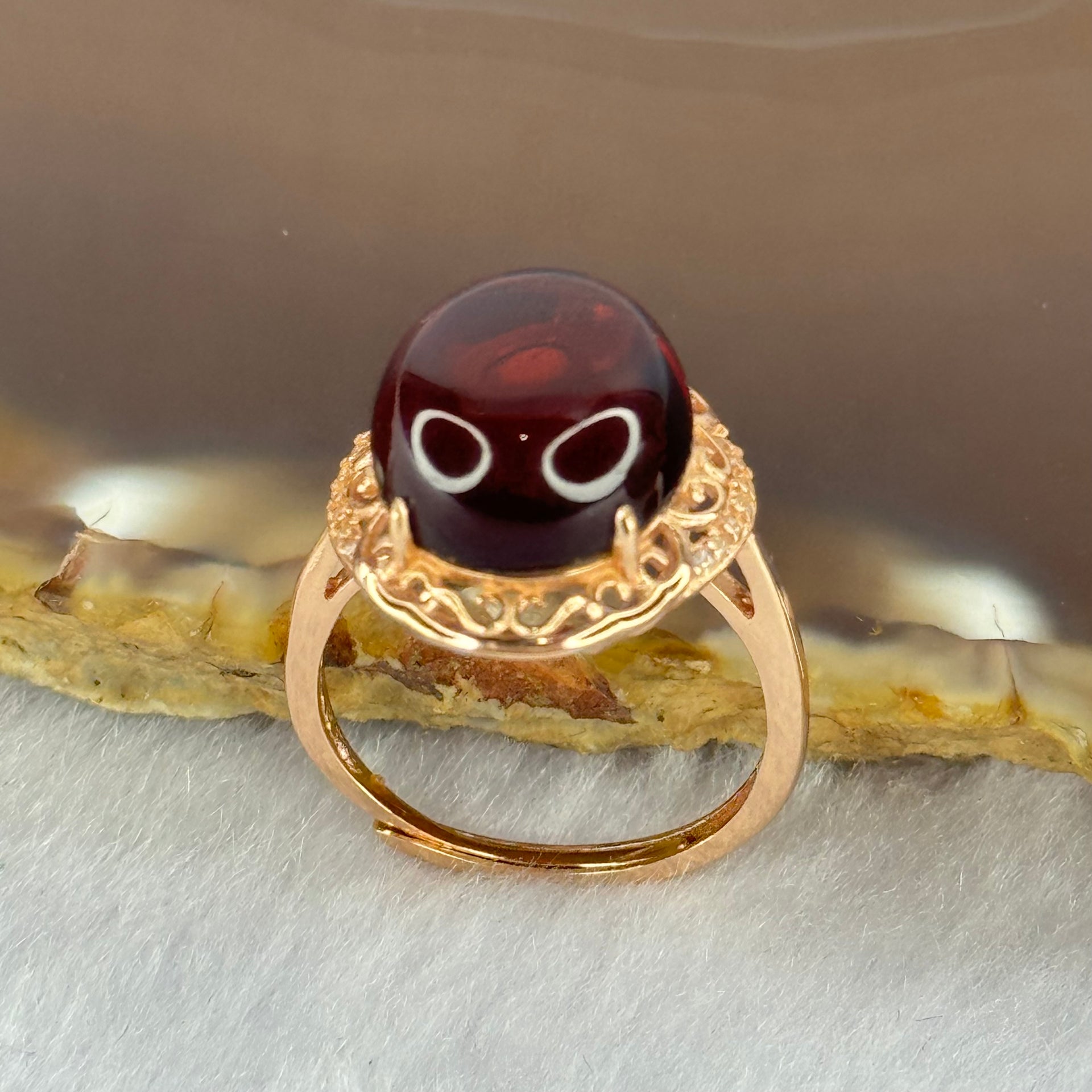 Natural Red Blood Amber in S925 Sliver Rose Gold Color Ring (Adjustabl