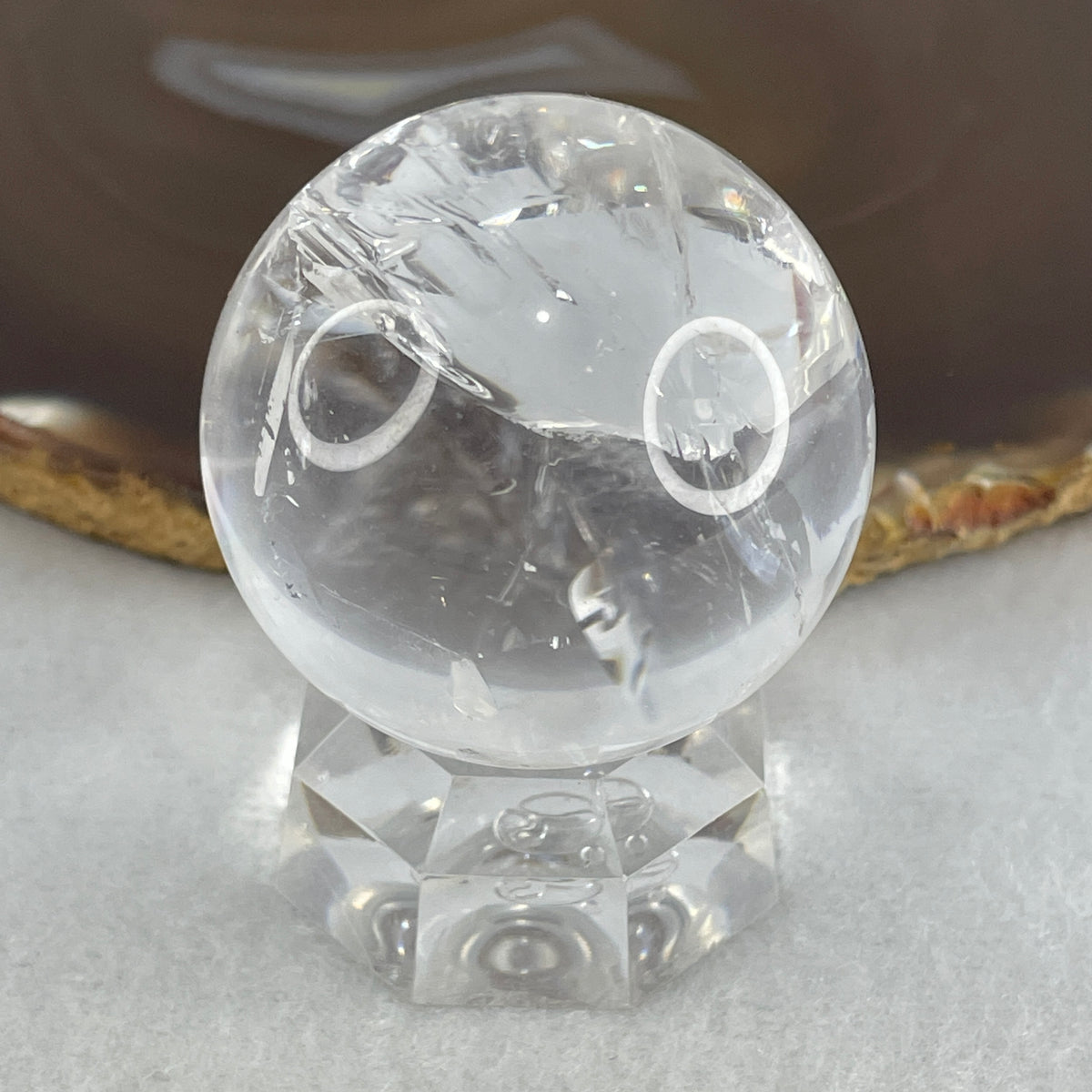 Good Grade Clear Quartz Sphere Display with Clear Acrylic Stand | Magnifier & Focus Clarity (103.52g | 42.0x50.0mm | Harmonizer, Energy Amplifier, Mind De-Clutterer & Feng Shui Purification Anchor)