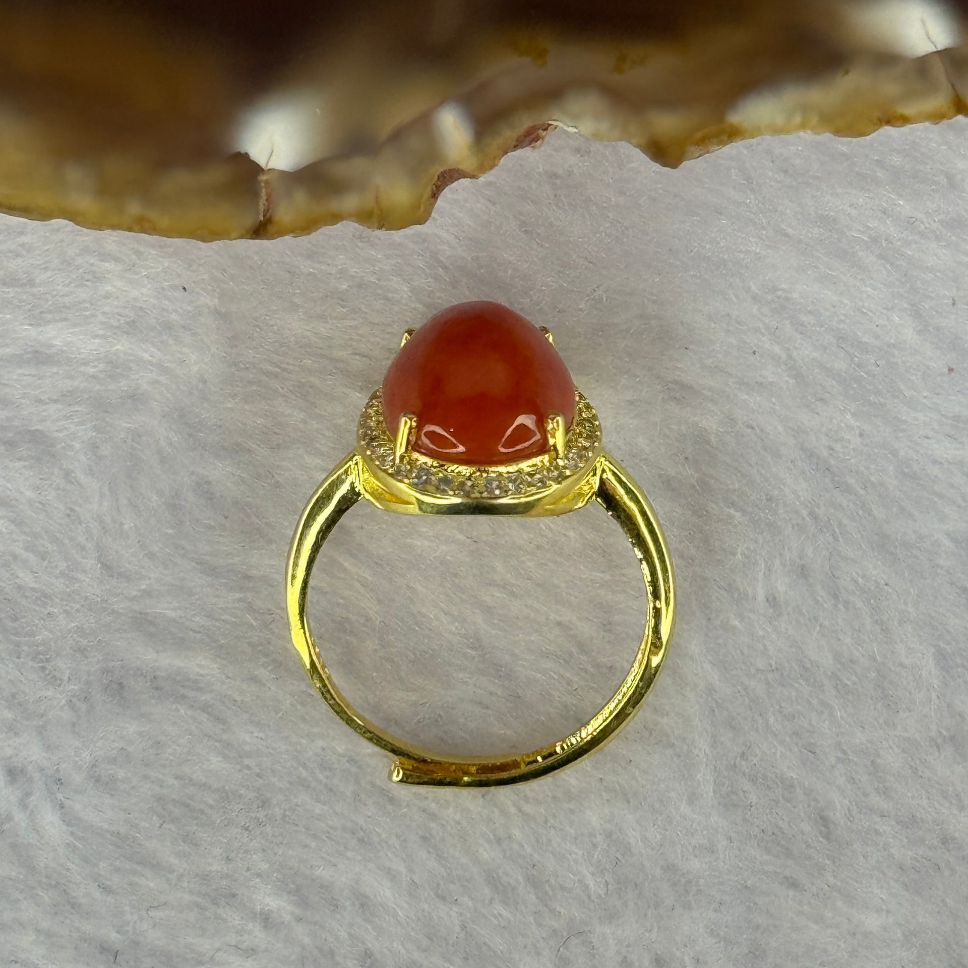 Natural Red Cinnabar in S925 Silver with Gold Color Ring (Adjustable Size) 红朱砂925银戒指 3.13g 13.2 by 10.2 by 6.5mm - Huangs Jadeite and Jewelry Pte Ltd
