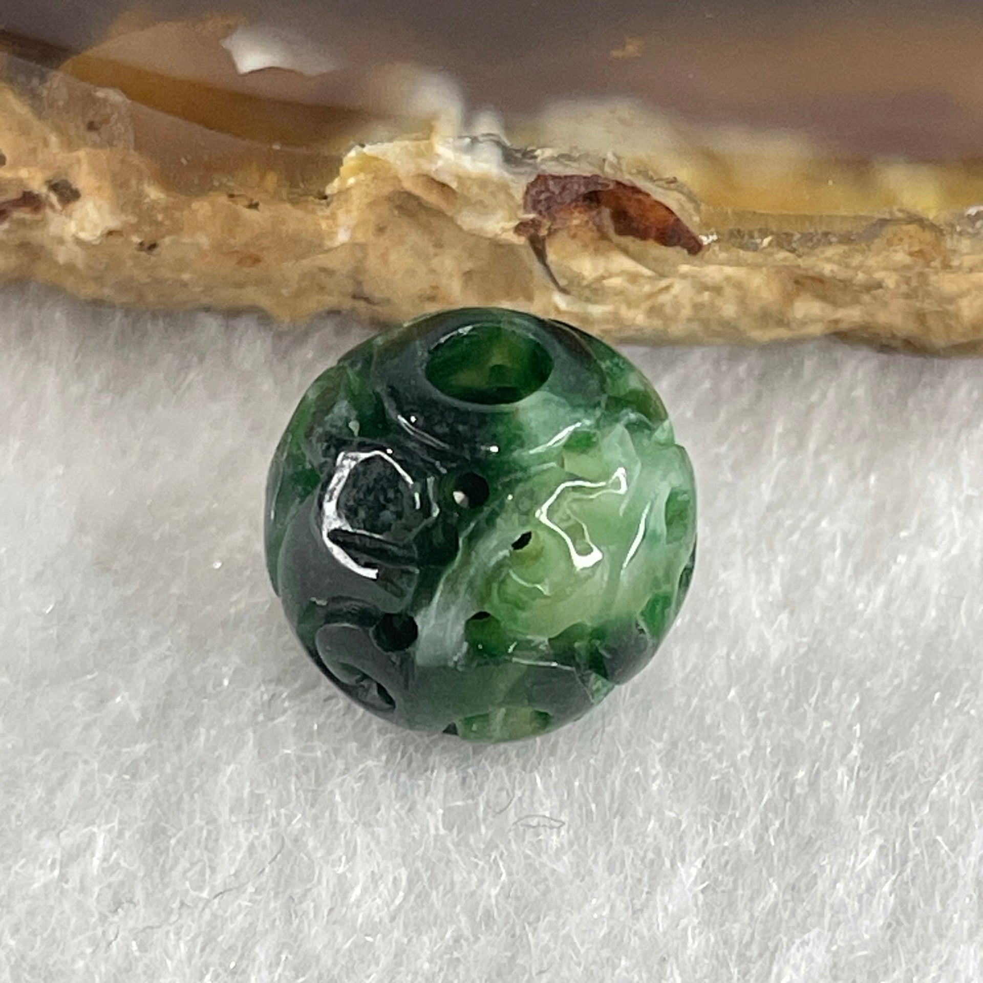 Natural Type A Lao Keng Old Mine Green with Light Green Jadeite Flora Carving Bead Charm 1.38g 10.7mm - Huangs Jadeite and Jewelry Pte Ltd