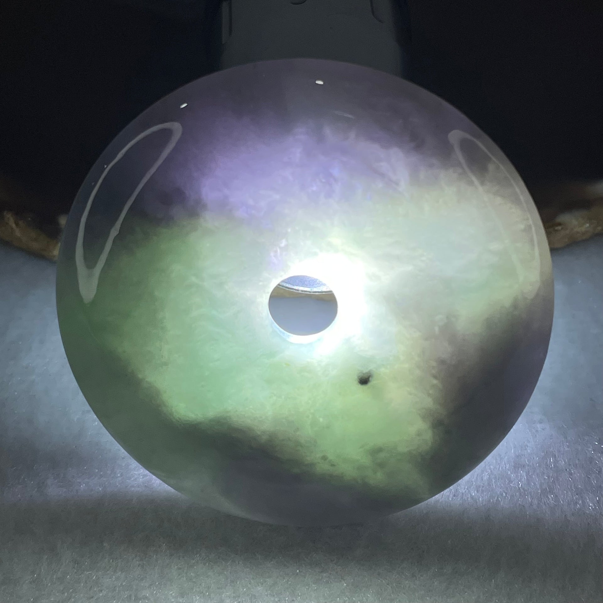 Type A Green With Deep Lavender And Wuji Grey Jadeite Ping An Kou Donut Pendant 47.34g 54.2 by 7.8mm - Huangs Jadeite and Jewelry Pte Ltd