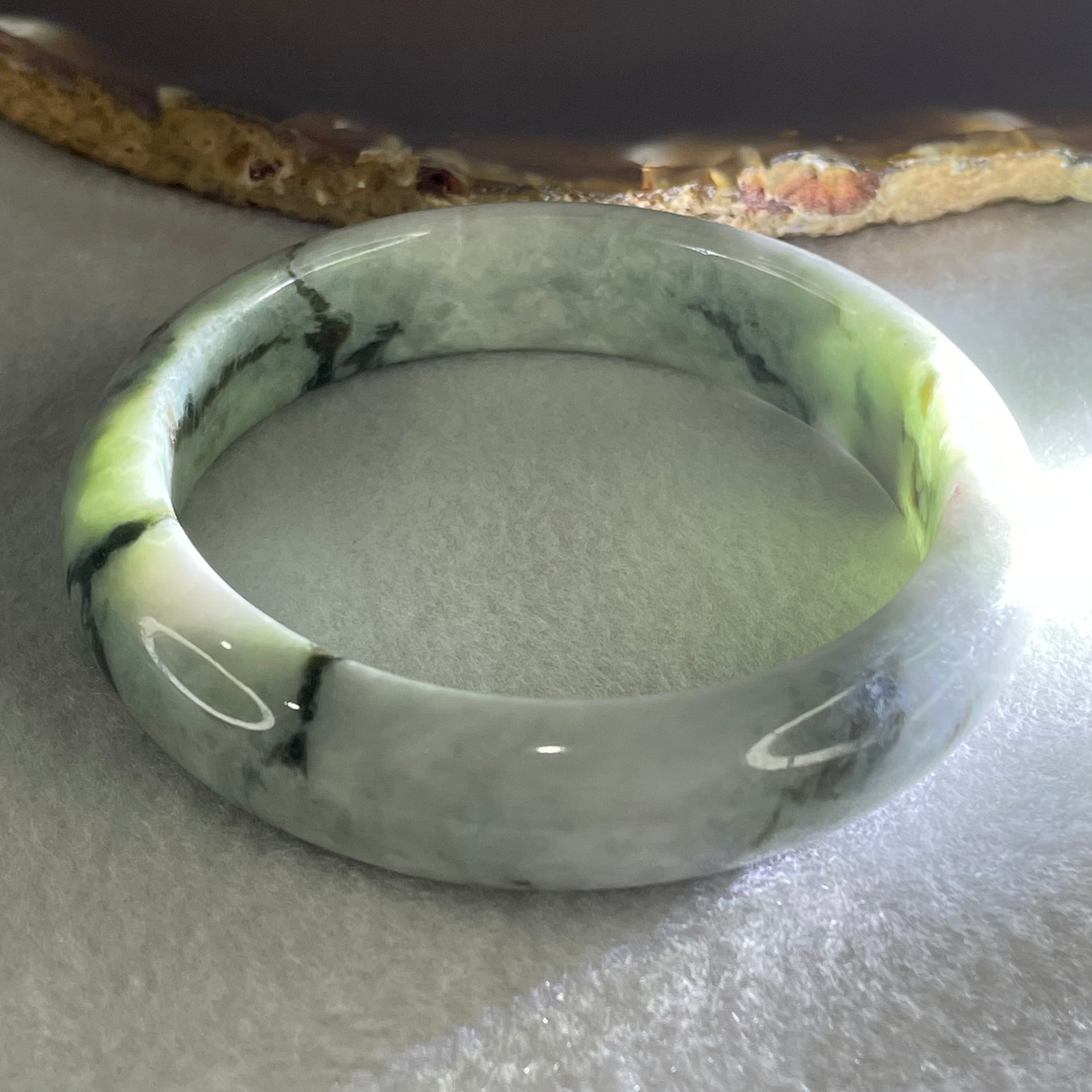 Type A Light Green with Green piao Hua Floral Jadeite Bangle 56.08g Inner Diameter 55.1mm 13.9 by 8.9mm (Internal Line) - Huangs Jadeite and Jewelry Pte Ltd