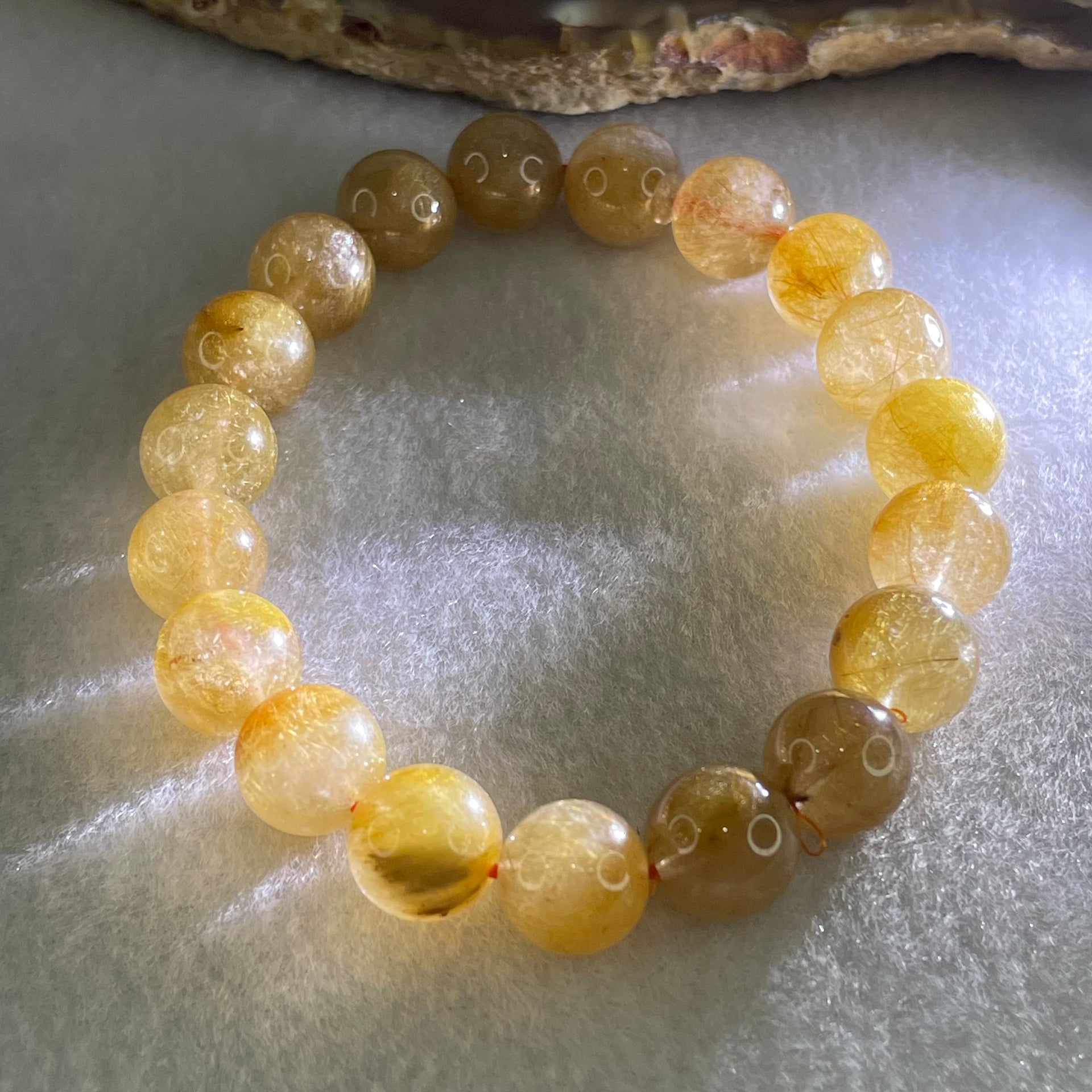 Average Grade Natural Golden Rutilated Quartz Beads Bracelet 26.77g 15.5cm 10.4mm 19 Beads - Huangs Jadeite and Jewelry Pte Ltd