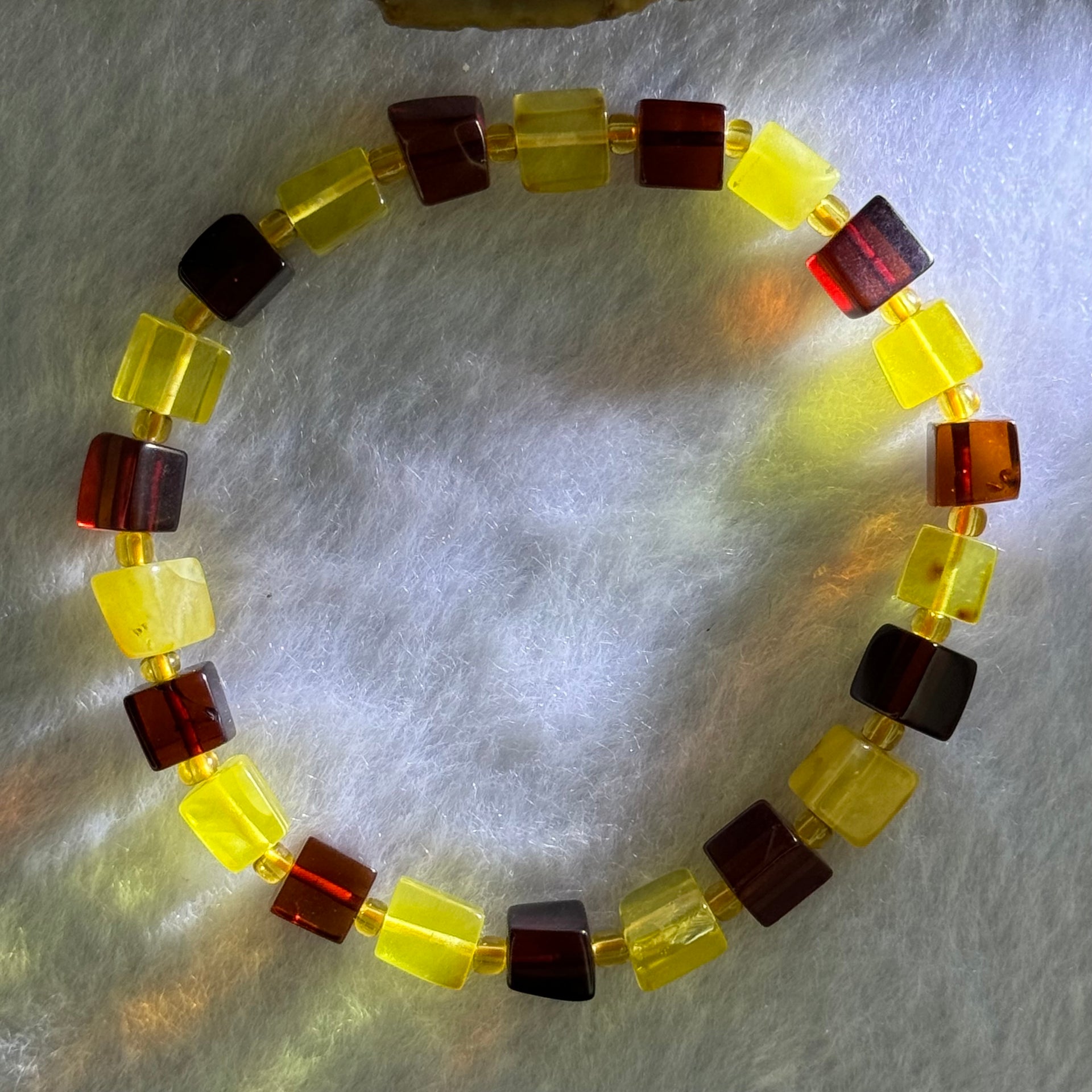 Natural Butterscotch Yellow and Red Amber Square Beads Bracelet 天然方型多宝琥珀手链 6.21g 16cm 7.2mm 22 Beads - Huangs Jadeite and Jewelry Pte Ltd
