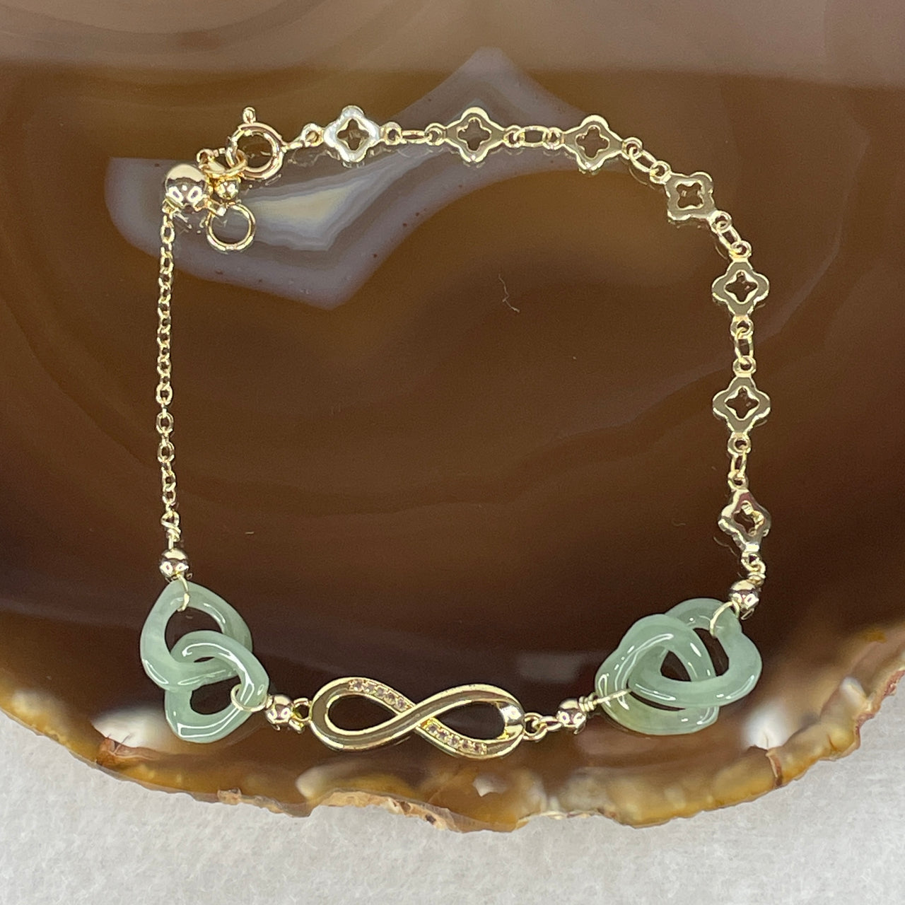 Natural Type A Blueish Green Jadeite Multi-Heart Bracelet | Adjustable 14-17cm Gold-Toned Elegant Fine Layering Chain (4.77g,  10.8x10.4x2.4mm 4 Pieces)