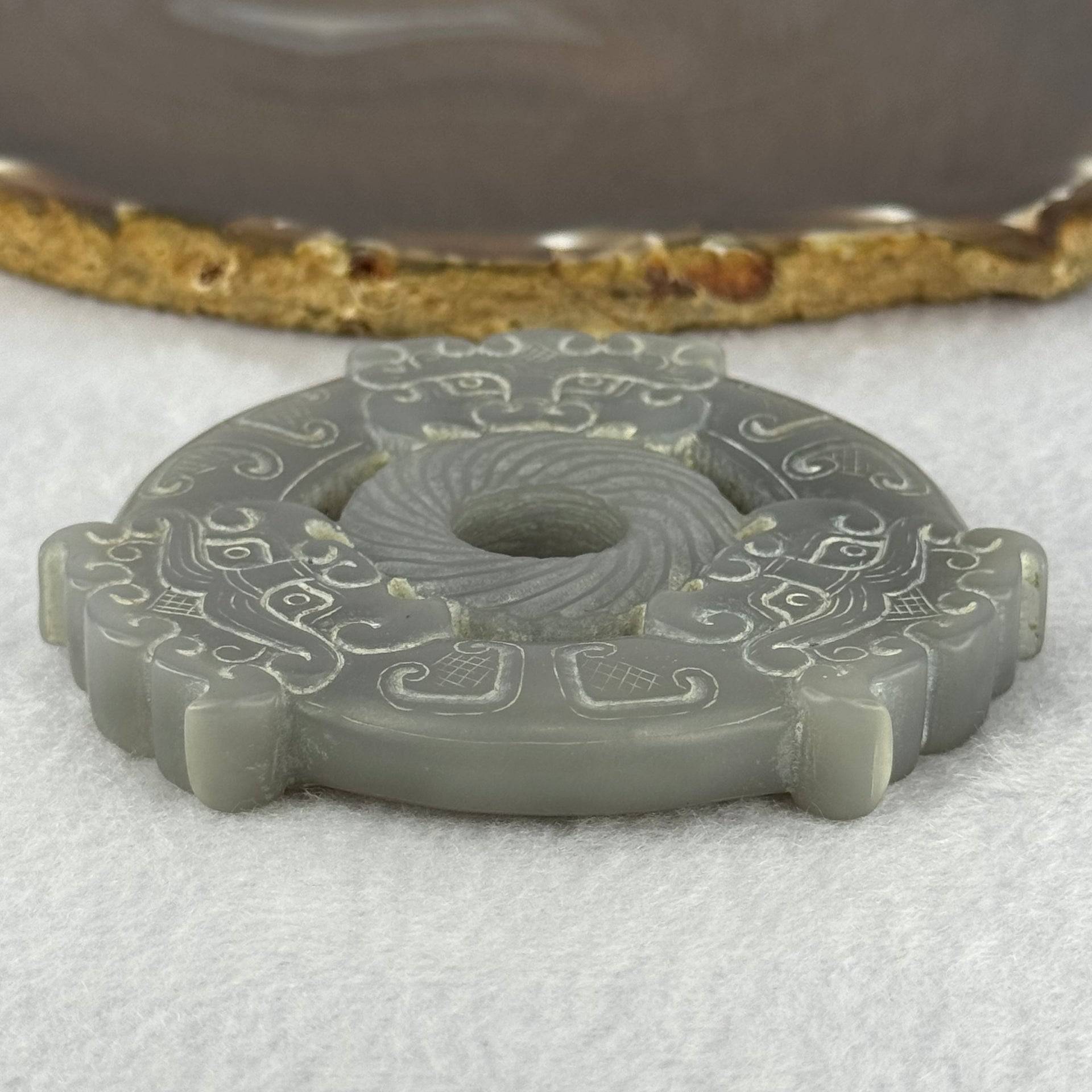 Rare Natural Greyish Lavender Nephrite 3 Mystical Beasts Double Ping An Kou Donut Ornament for Protection and Prosperity 108.05g 80.3 by 73.8 by 10.9mm - Huangs Jadeite and Jewelry Pte Ltd