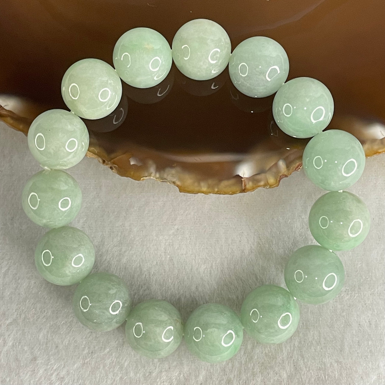 Type A Light Green Jadeite Beads Bracelet 67.56g 16cm 13.9mm 15 Beads (Slight Internal Lines) - Huangs Jadeite and Jewelry Pte Ltd