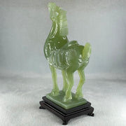 Natural Green Serpentine Horse with Wooden Stand Display 1640.4g 155.1 by 94.8 by 260.0mm - Huangs Jadeite and Jewelry Pte Ltd