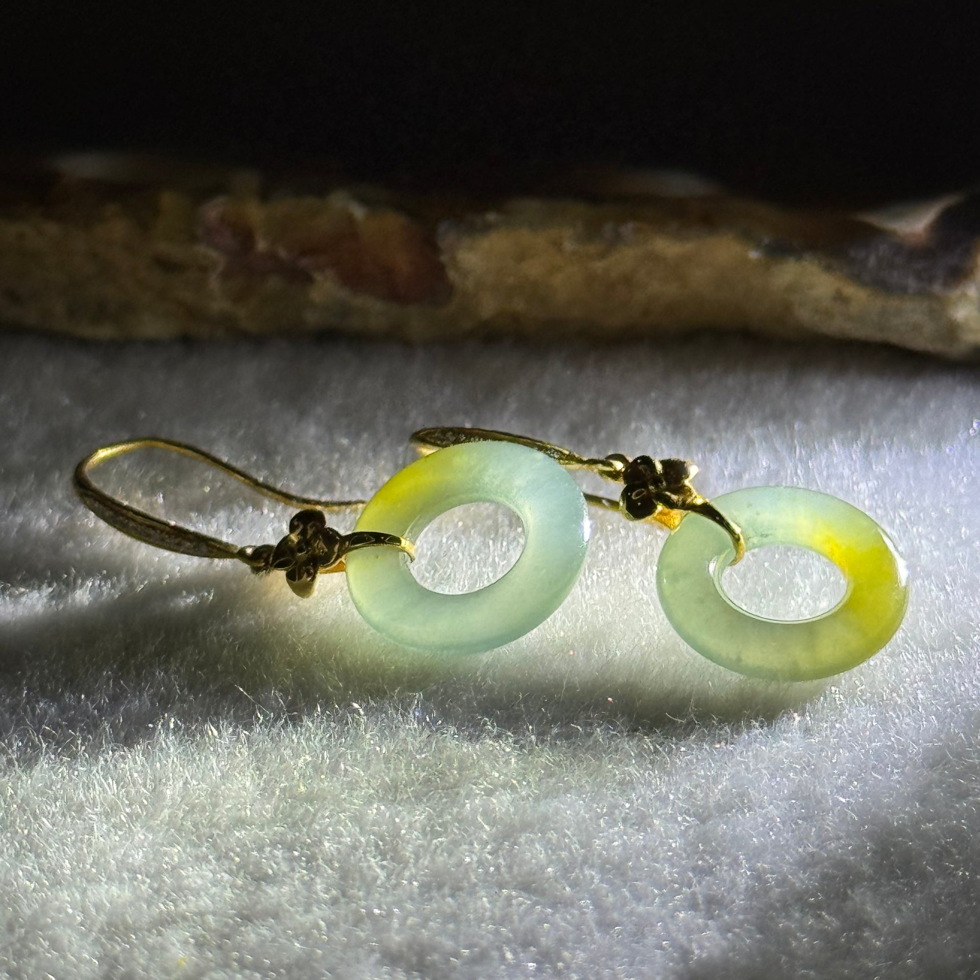 Type A Icy Blueish Green with Yellow Ping An Kou Jade Jadeite Earrings 18k Yellow Gold 2.12g 30.8 by 12.6 by 2.6mm - Huangs Jadeite and Jewelry Pte Ltd