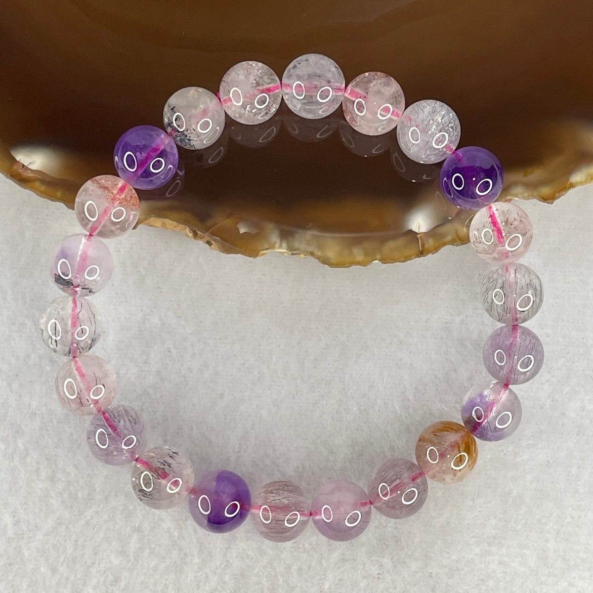 Certified Above Average Grade Natural Super 7 Crystal Beads Bracelet | 9.3mm Sacred 7-Mineral Synergy Power (23.41g | 16.5cm Wrist Sizing | 22 Beads)