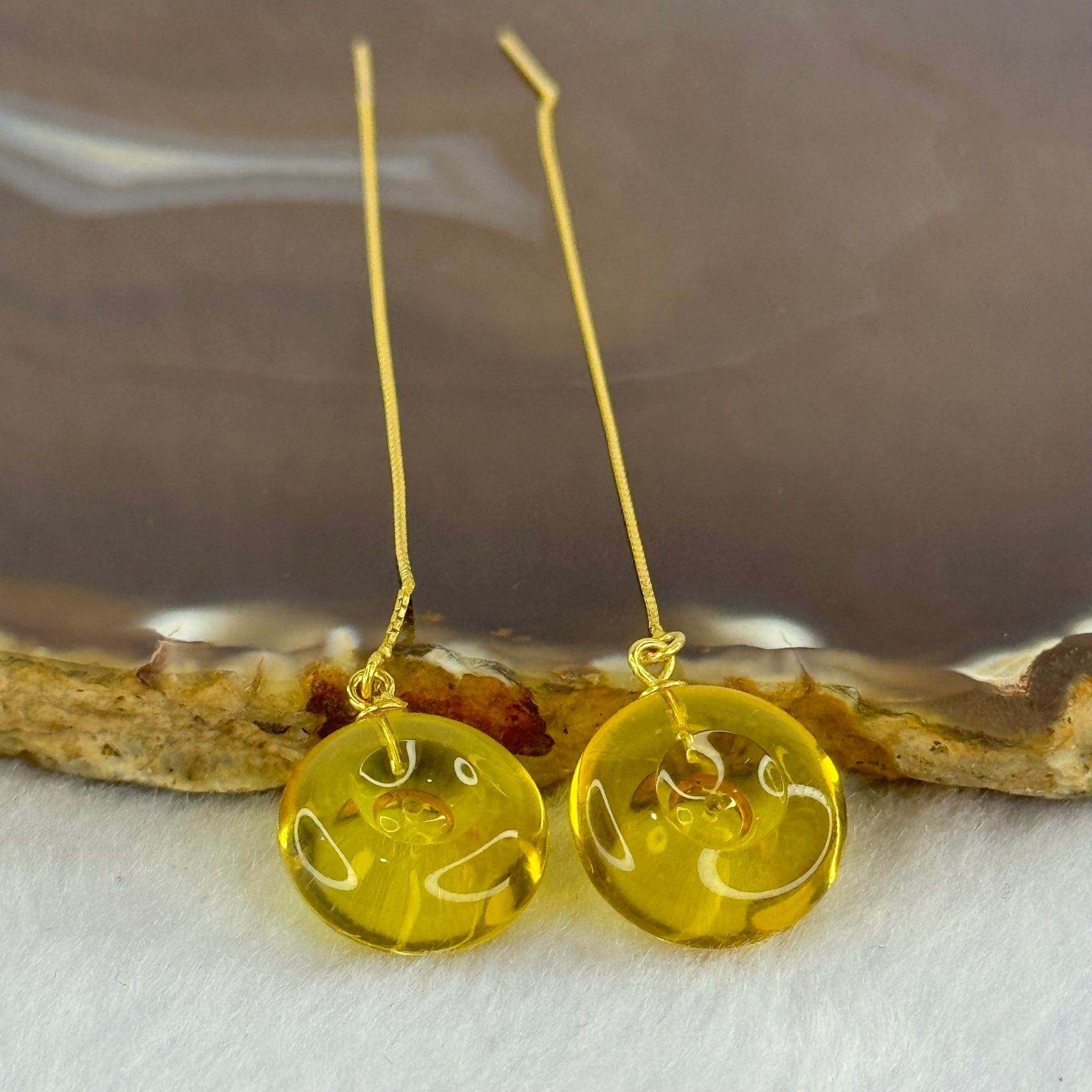 Natural Golden Yellow Amber Ping An Kou Donut Silver in Gold Color Earrings 2.36g 15.0 by 6.7mm - Huangs Jadeite and Jewelry Pte Ltd