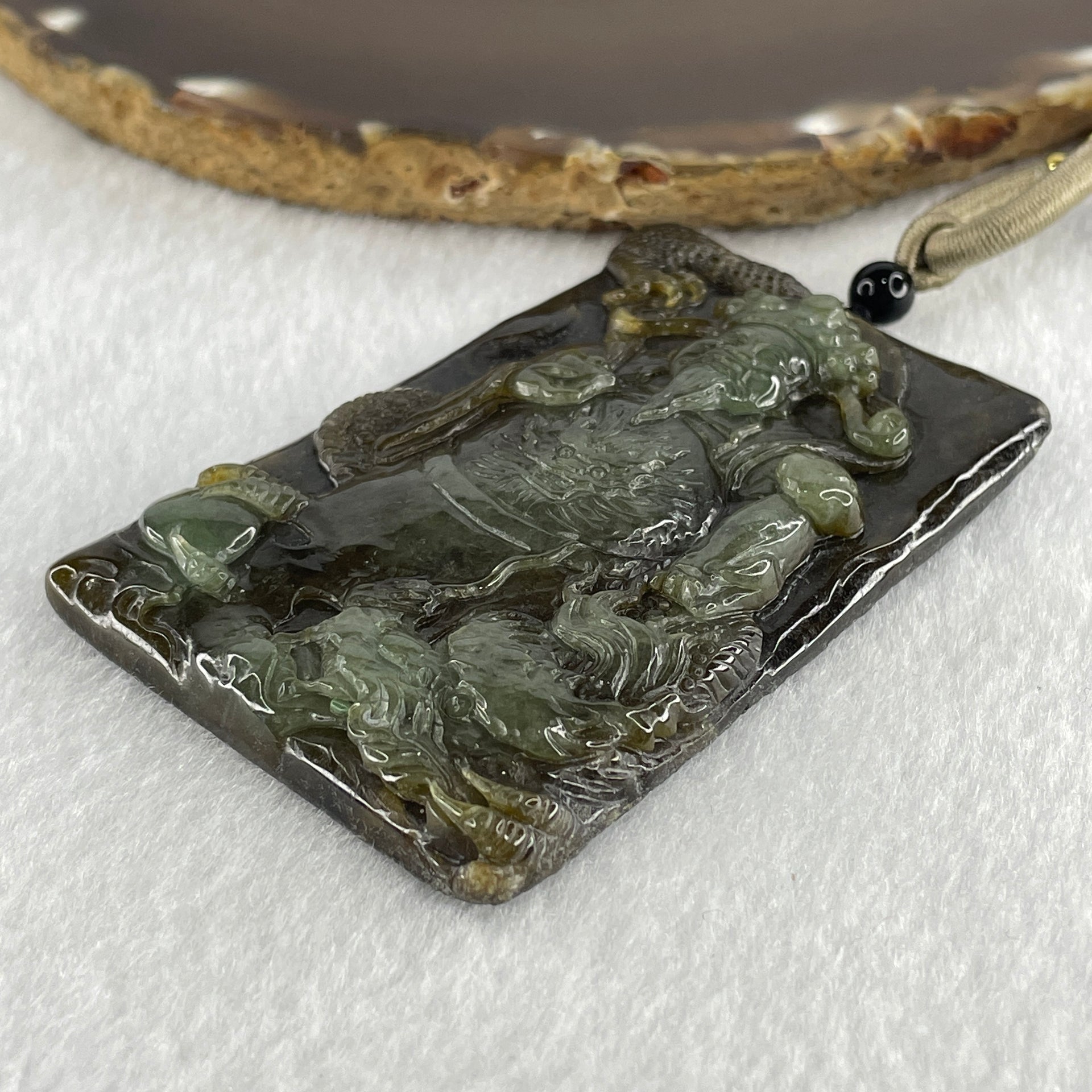 Natural Type A Dark Brown with Blueish Green Jadeite Cai Shen Ye God of Fortune Pendant 69.83g 73.2 by 47.9 by 9.0mm - Huangs Jadeite and Jewelry Pte Ltd
