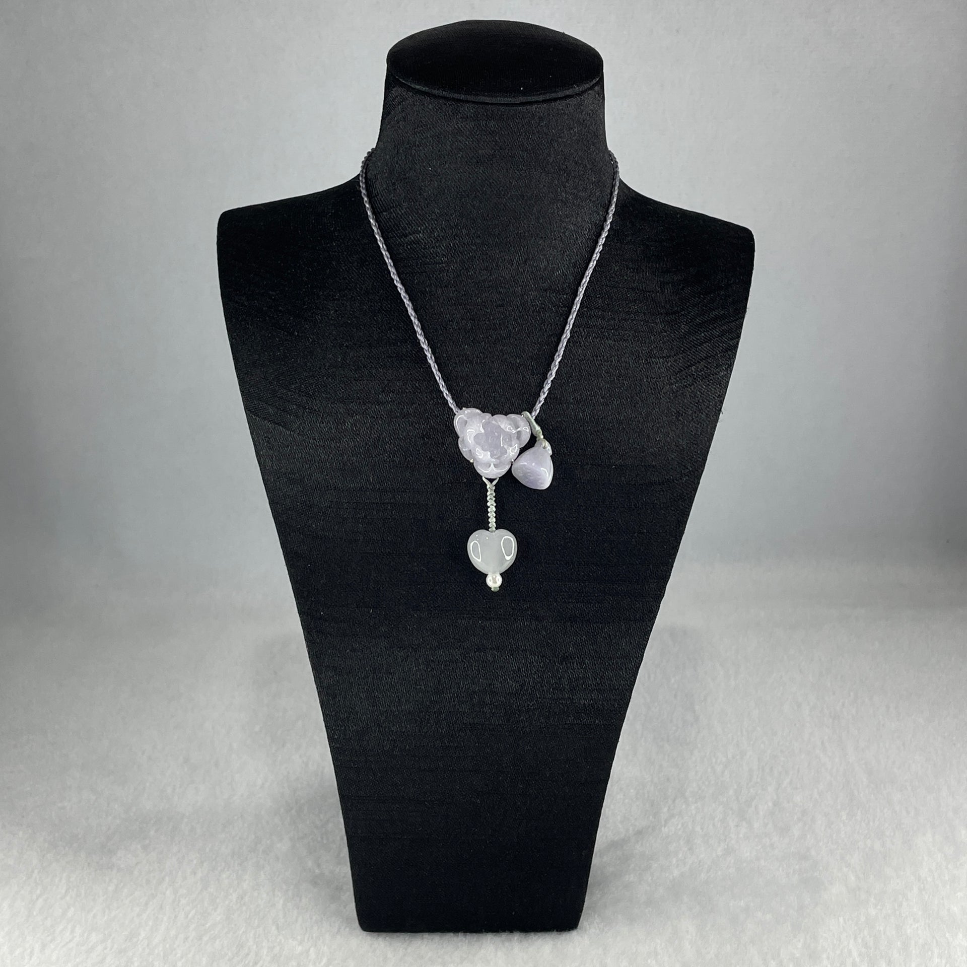 Natural Type A Light Lavender Jadeite Lotus Flower with Heart Shape on String Necklace 6.97g 14.5 by 16.8 by 8.8mm - Huangs Jadeite and Jewelry Pte Ltd