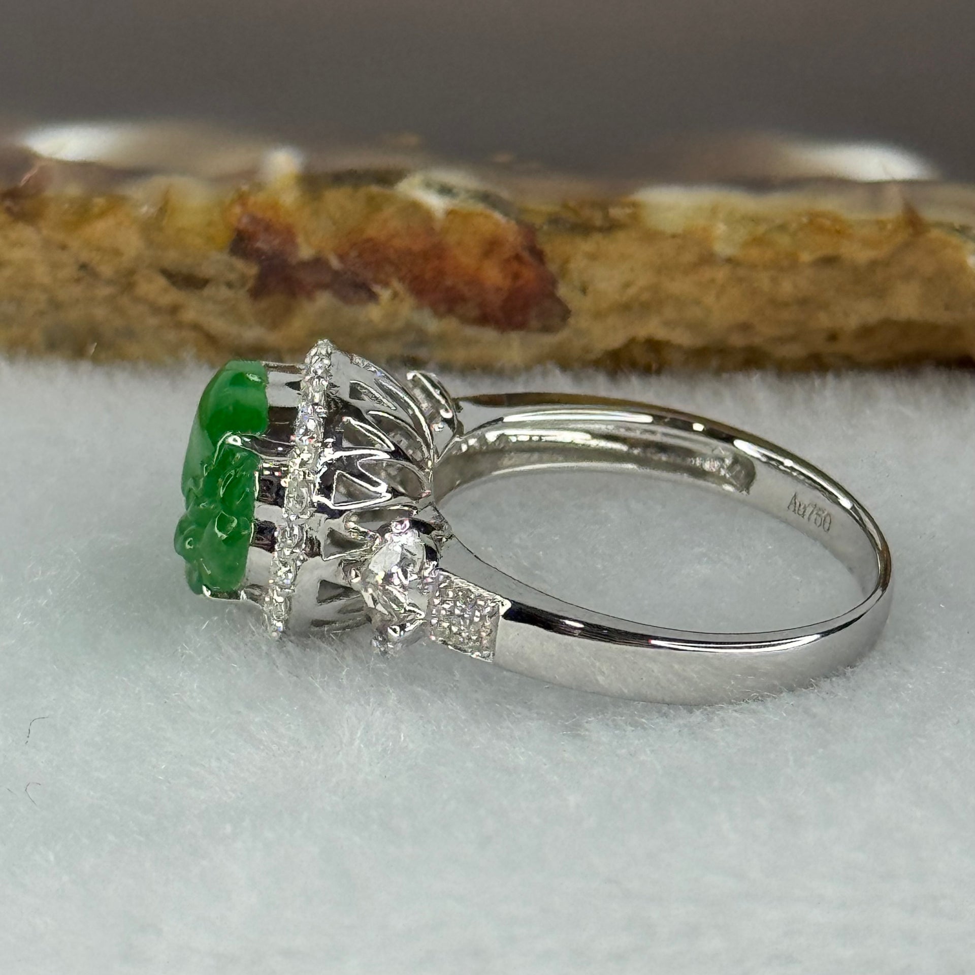 Type A Burmese Jade Jadeite Pixiu Head in 18k white gold with white sapphires and diamonds 4.17g pixiu head 9.0 by 11.0 by 2.0mm inner diameter 17.4mm US7 HK15 with NGI Cert - Huangs Jadeite and Jewelry Pte Ltd