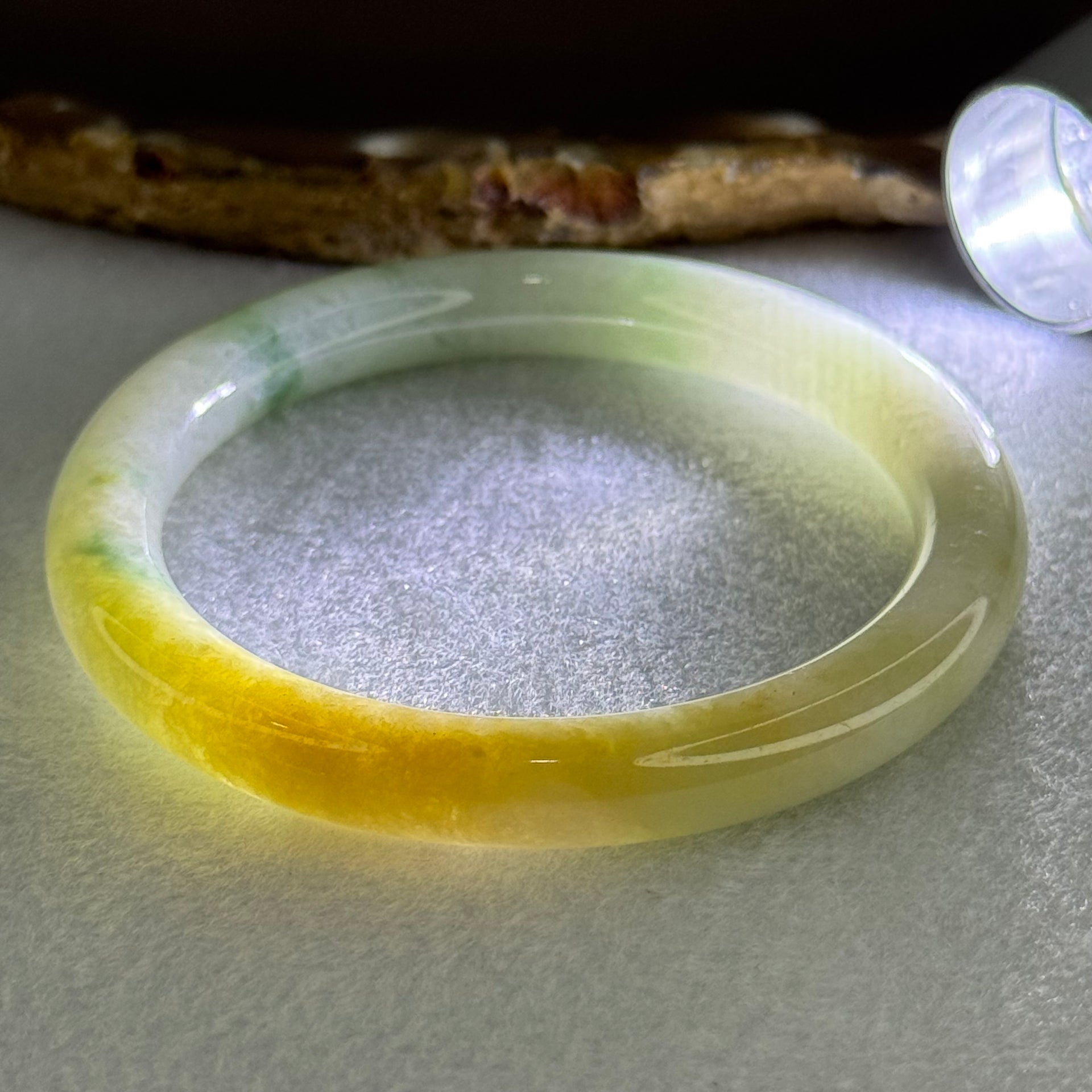 Type A Light Green with Yellow and Blueish Green Patches Jadeite Bangle Internal Diameter 52.0mm 32.14g 7.9 by 8.0mm (Slight Internal Lines) - Huangs Jadeite and Jewelry Pte Ltd
