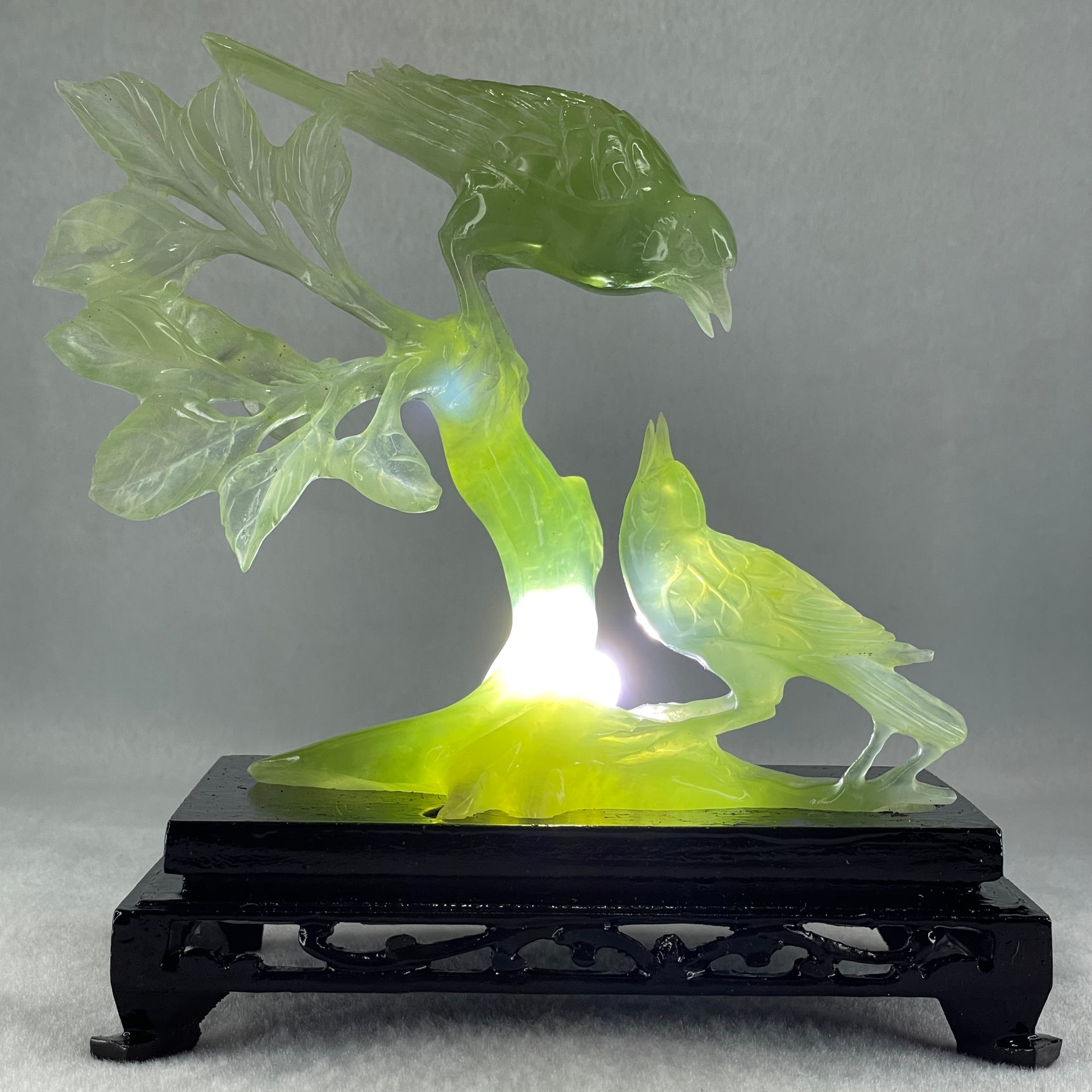 Natural Green Serpentine Double Birds on Tree with Wooden Stand Display 322.6g 74.0 by 155.0 by 75.8mm - Huangs Jadeite and Jewelry Pte Ltd