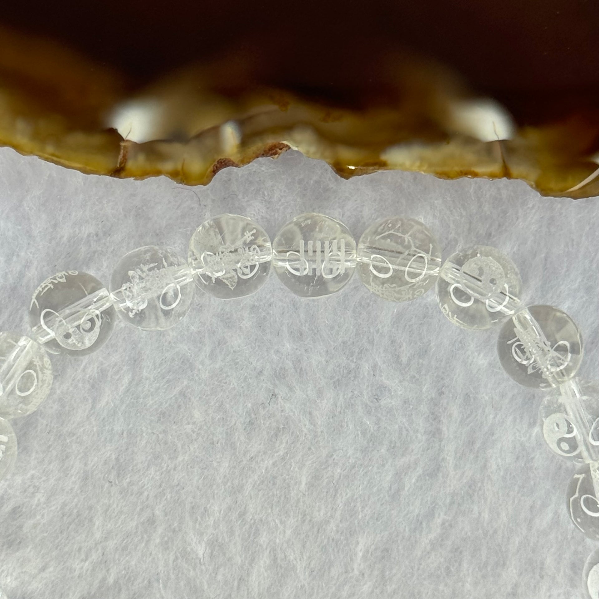 Natural Clear Quartz Beads with Inscription Bracelet 17.96g 16.5cm 8.4mm 23 Beads - Huangs Jadeite and Jewelry Pte Ltd