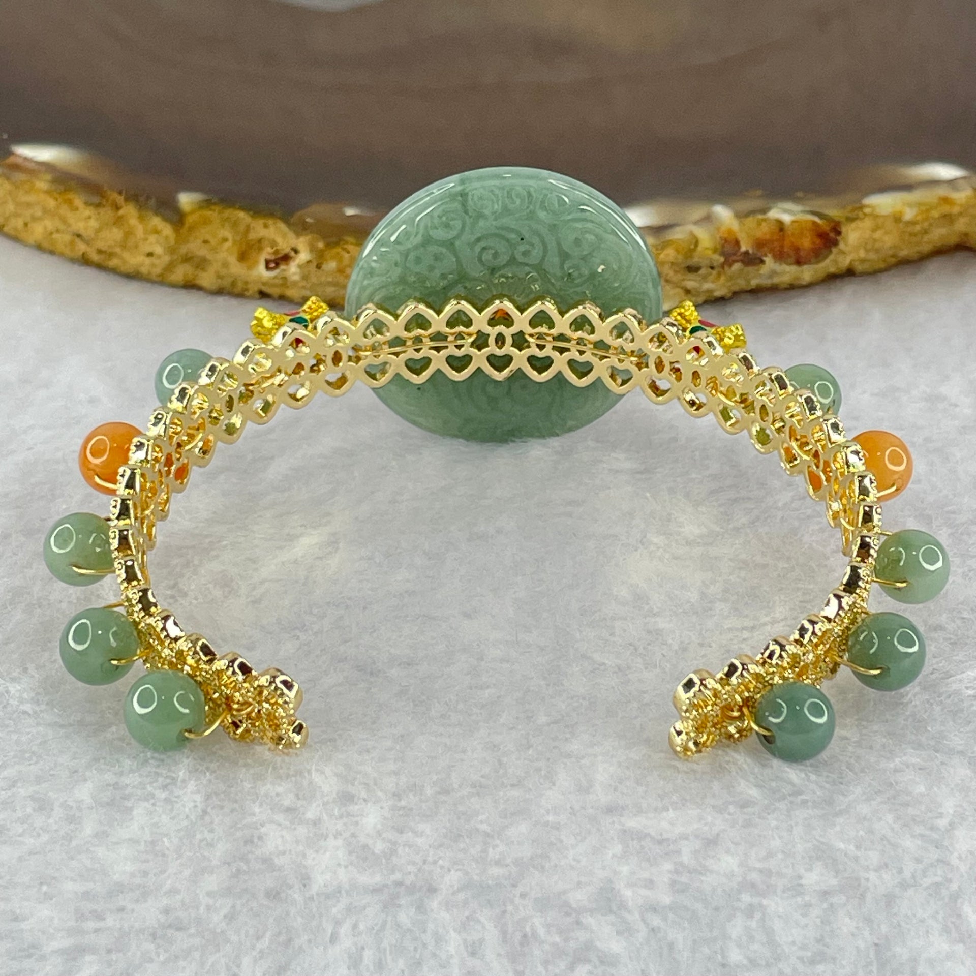 Type A Blueish Green Jadeite Floral Ping An Kou and Beads 18.64g 27.9 by 3.9mm 6.0mm 10 Beads - Huangs Jadeite and Jewelry Pte Ltd
