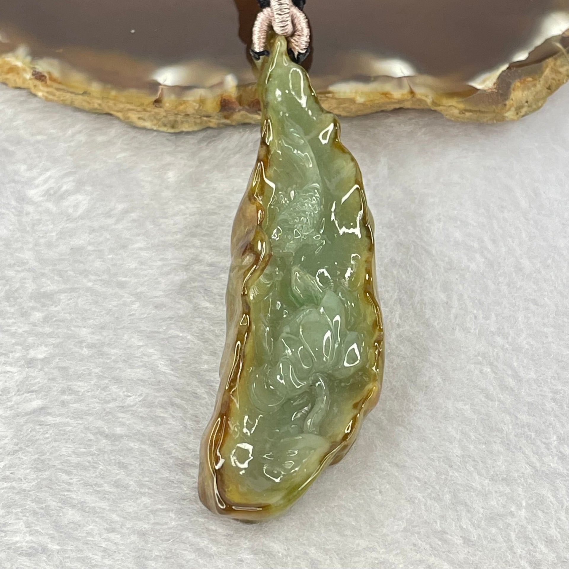 Type A Green and Brown Jadeite Lotus Flower and Koi Fish Pendent 21.41g 66.3 by 22.0 by 9.4mm - Huangs Jadeite and Jewelry Pte Ltd