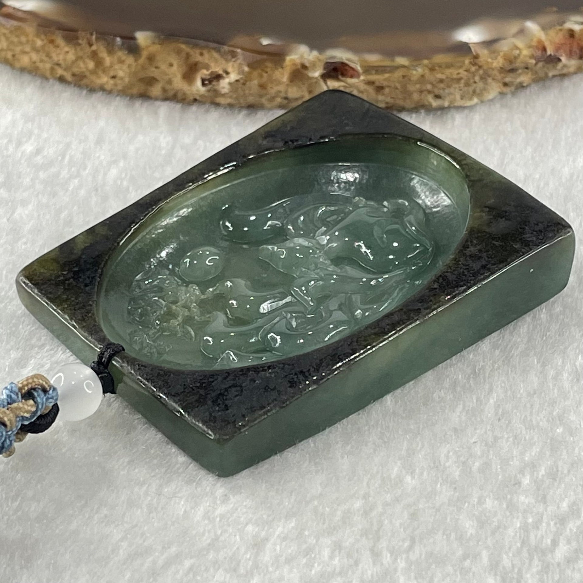 Grand Master Type A Blueish Green with Dark Brown Skin Jadeite 9 Tail Fox Pendant 41.48g 53.5 by 42.3 by 9.8mm - Huangs Jadeite and Jewelry Pte Ltd