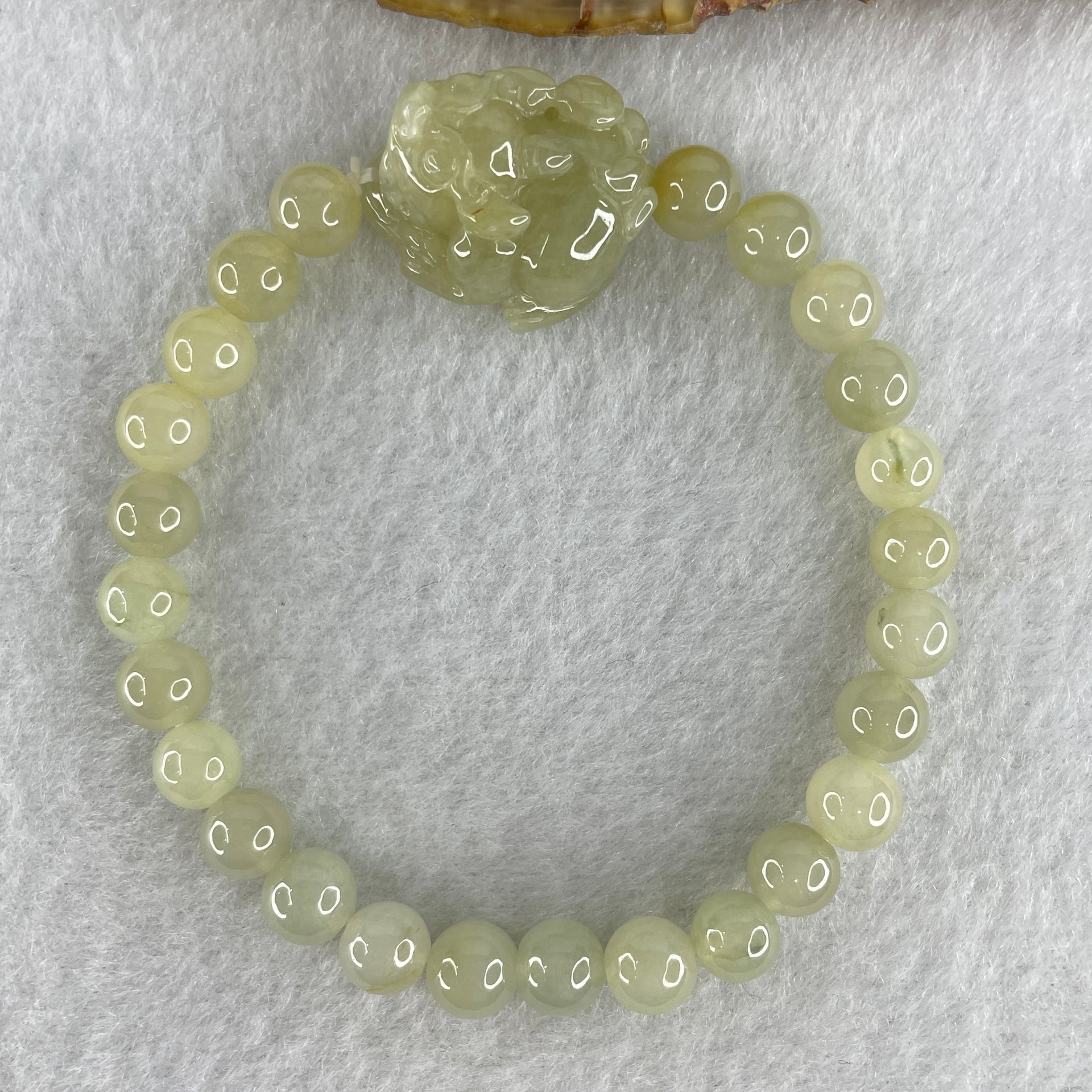 Special Edition Natural Type A Light Green with Yellow Jadeite Male Pixiu 20.9 by 17.7 by 13.0mm with Jadeite Beads Bracelet 22.18g 16cm 7.0mm 25 Beads - Huangs Jadeite and Jewelry Pte Ltd