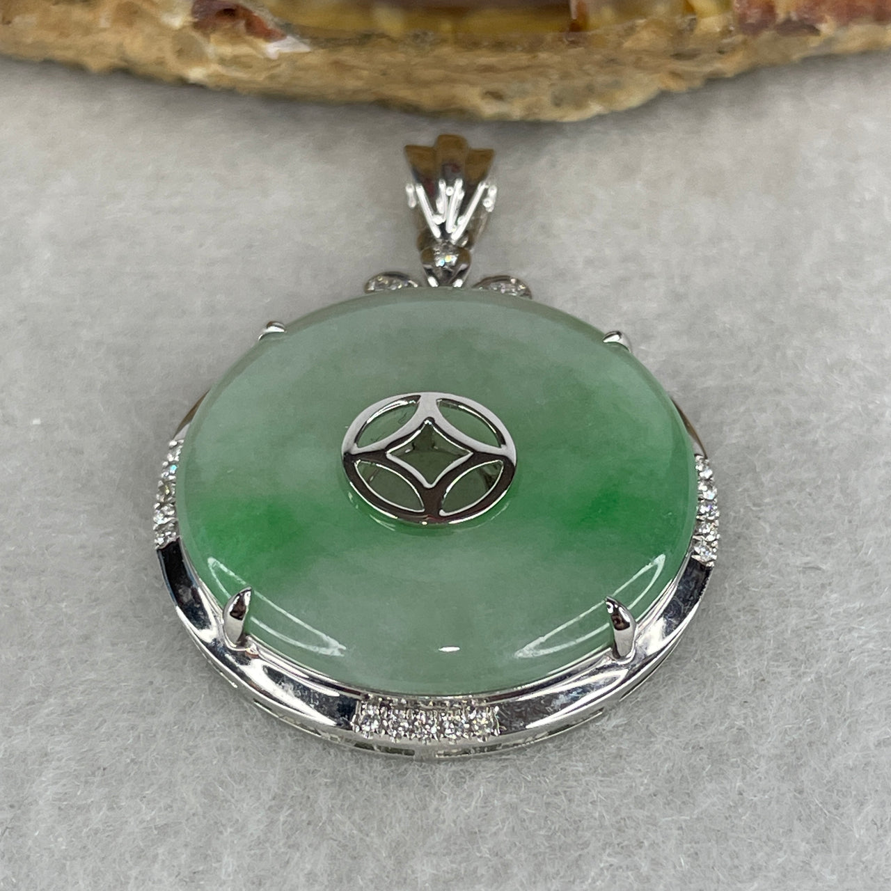 Natural Type A Jadeite Ping An Kou Pendant with Diamonds in 18K White Gold | 24.1x3.0mm Light Green with Vibrant Emerald Green Patch | High-Luxury Floating Flower Donut Heirloom (7.54g)
