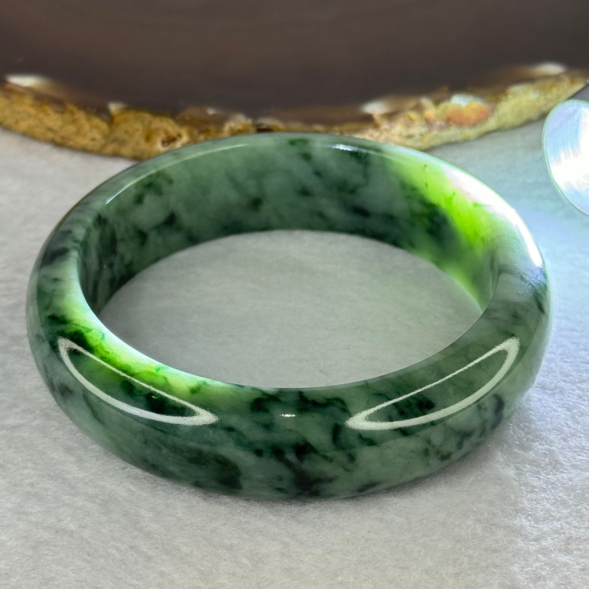 Type A Green with Moss Green Jadeite Bangle Internal Diameter 58.3mm 81.39g 17.3 by 8.9mm (Close to Perfect) - Huangs Jadeite and Jewelry Pte Ltd