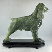 Natural Green with Yellow Serpentine Male Dog with Wooden Stand Feng Shui Display 1,780.3g 220.0 by 82.0 by 220.0mm - Huangs Jadeite and Jewelry Pte Ltd